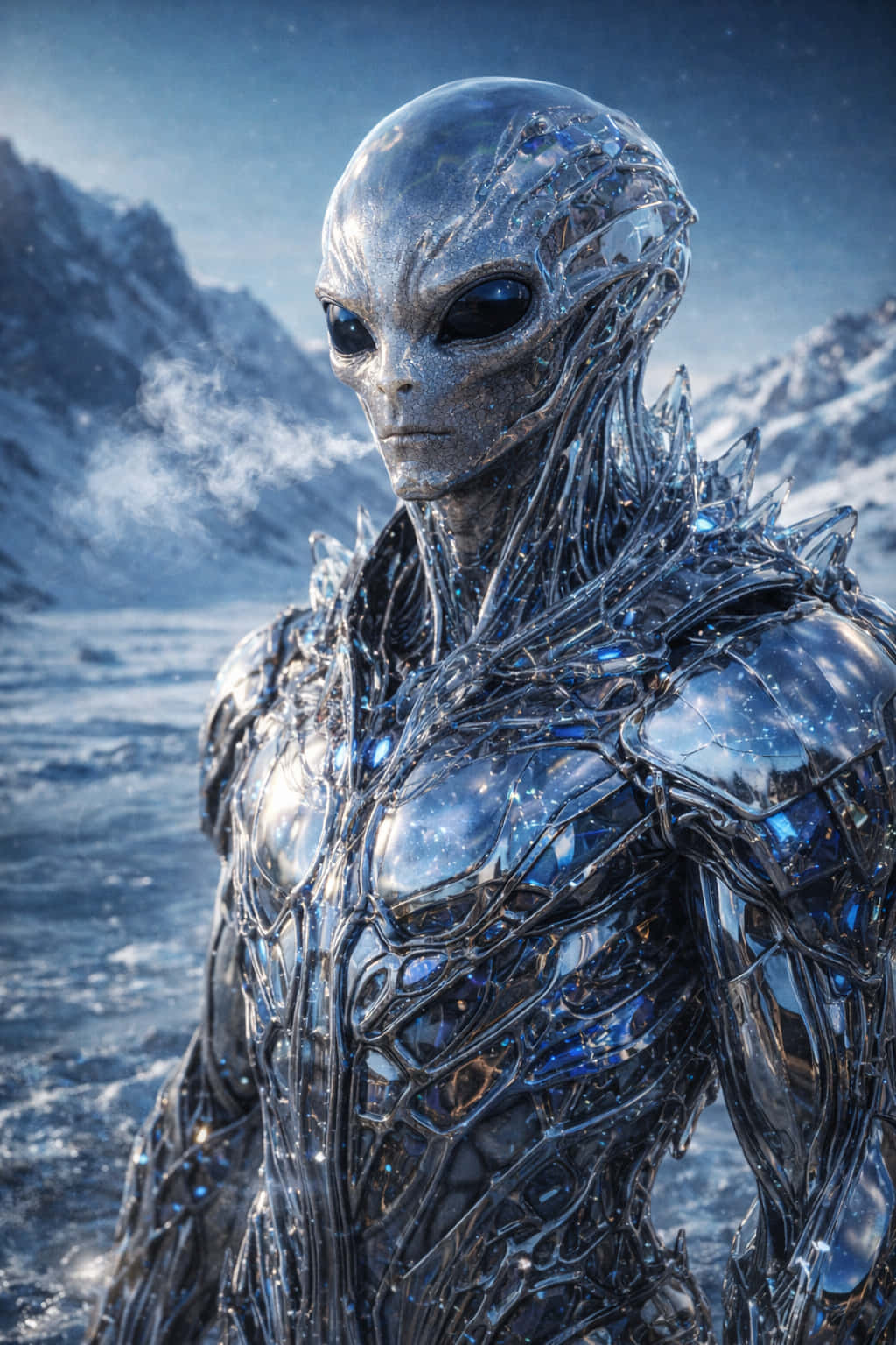 一個穿著水晶盔甲的銀色外星人站在雪覆蓋的山地景觀中。 — 冰雪奇緣 壁紙