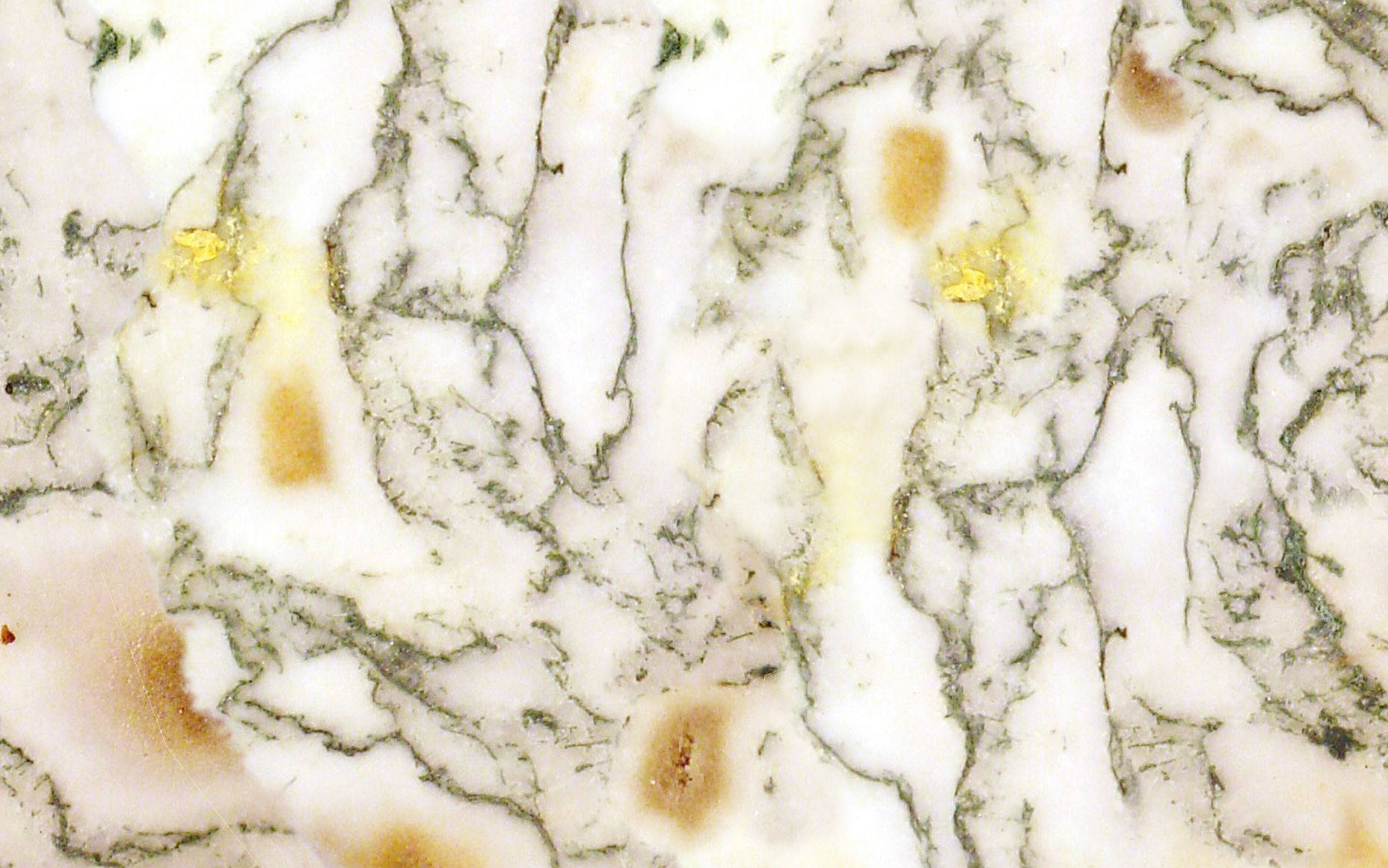 Marble Desktop 桌布 壁紙 — 白色大理石特寫，帶有旋轉的綠色紋理和金色斑點，營造出優雅的自然圖案。