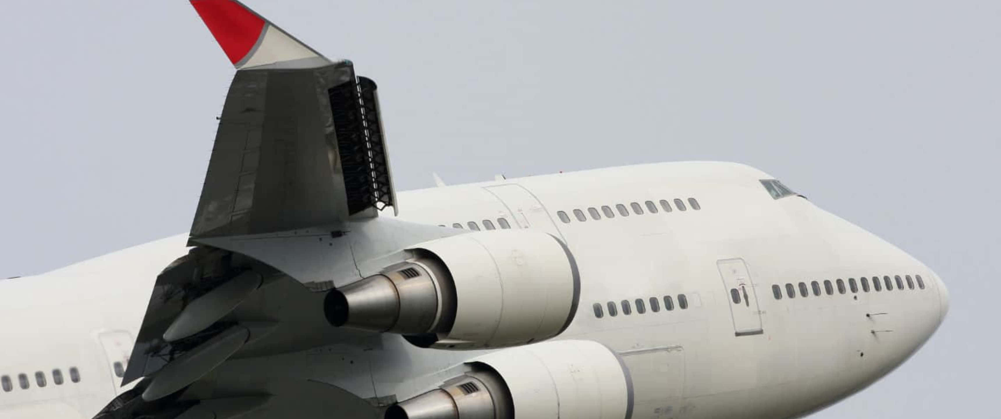 白色天空下的白色巨型客機 3440x1440p 背景 壁紙 — 白色波音747飛機嘅特寫，紅色尾翼襯住淡色天空。