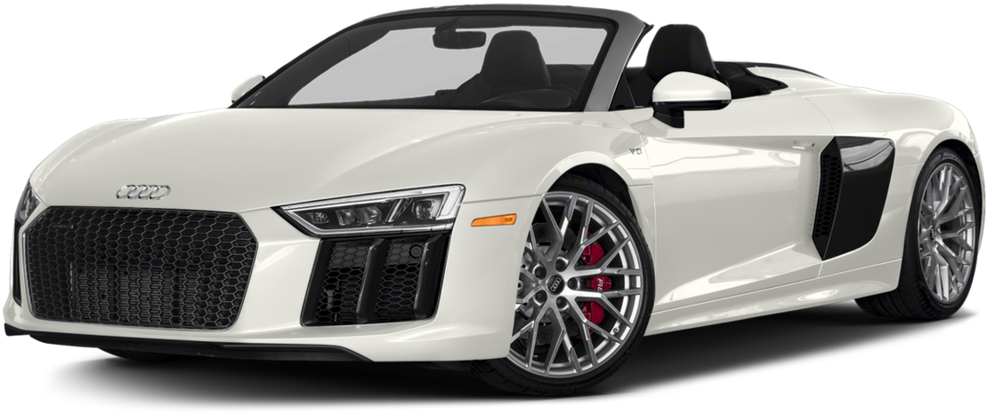 白色奧迪R8敞篷跑車 壁紙 — 一輛時尚的白色奧迪R8 Spyder開篷跑車，配備紅色制動卡鉗和銀色輪圈，在工作室燈光下展示。