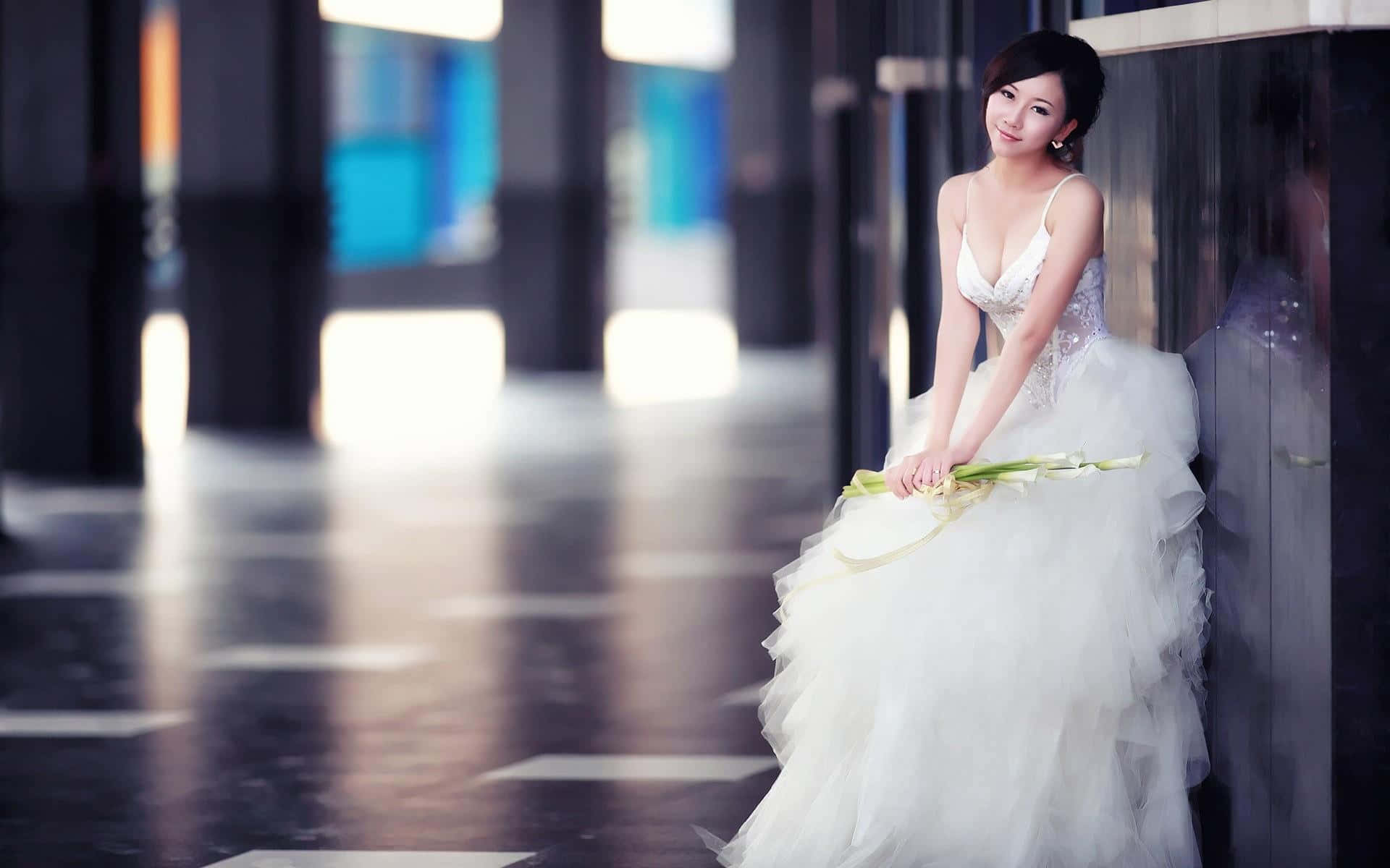 白色婚紗禮服照片 壁紙 — 一位身穿白色婚紗的女性微笑著，手持花束，靠在現代走廊的玻璃牆上。