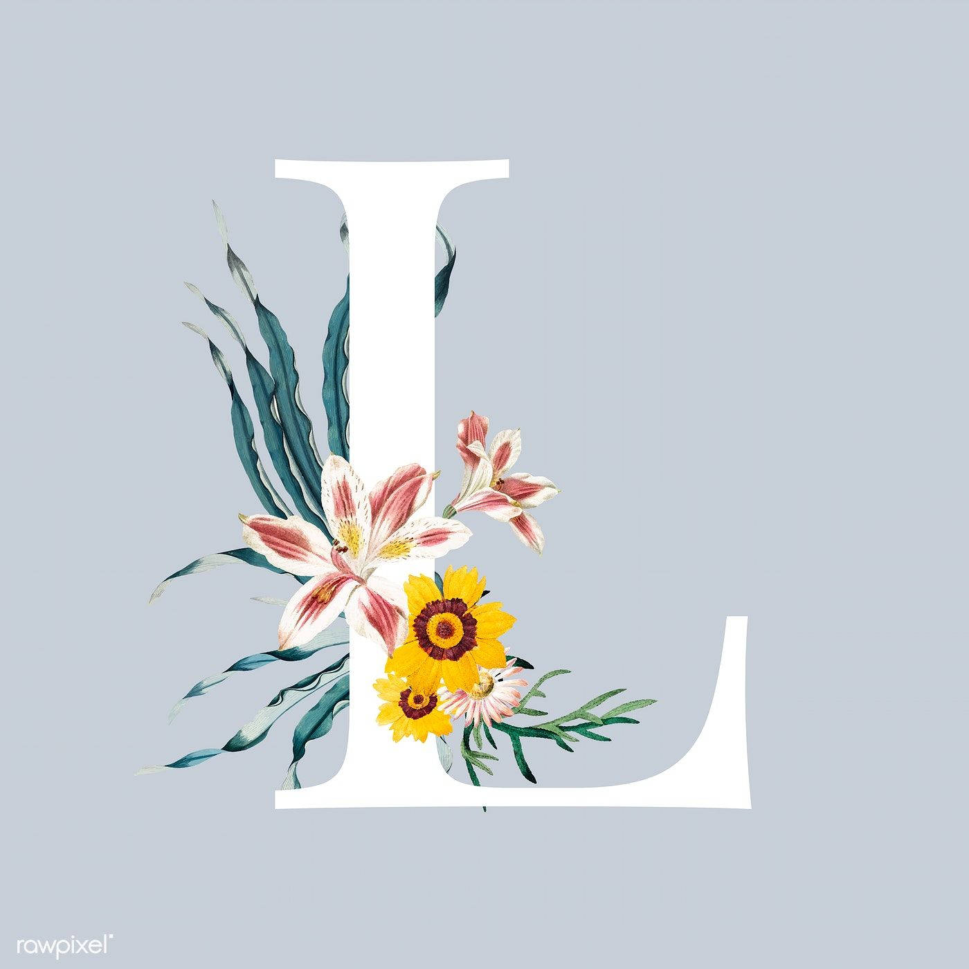 以水彩風格裝飾粉紅色百合花和黃色雛菊的字母L。