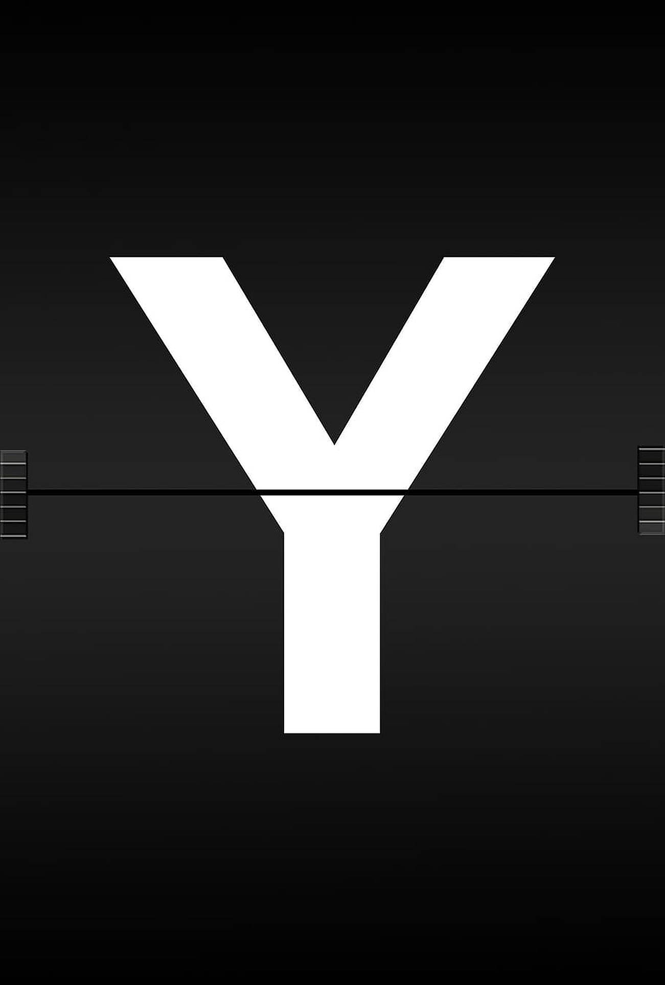 白色字母Y 壁紙 — 一個粗體白色字母Y居中在帶有水平條和網格線的漸變黑色背景上。