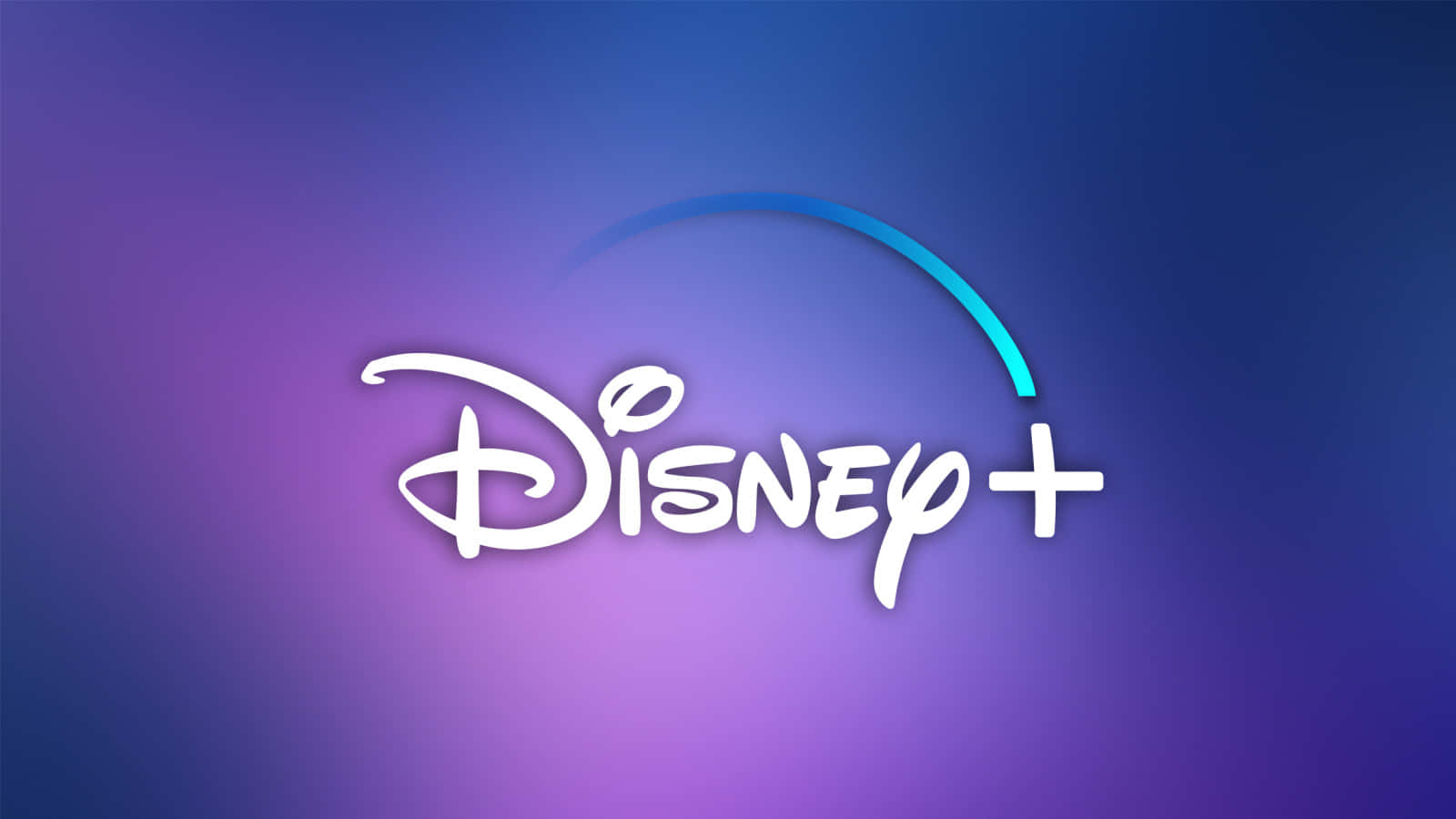 Disney Plus 桌布 壁紙 — 白色字體和藍色弧線的Disney+標誌在紫色和藍色漸變背景上發光。