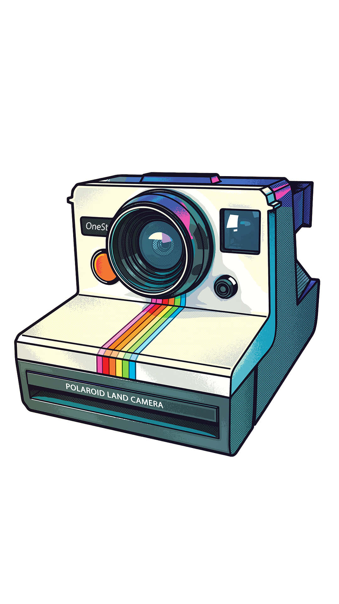 帶有彩虹條紋和OneStep標籤的插圖式復古Polaroid Land相機。