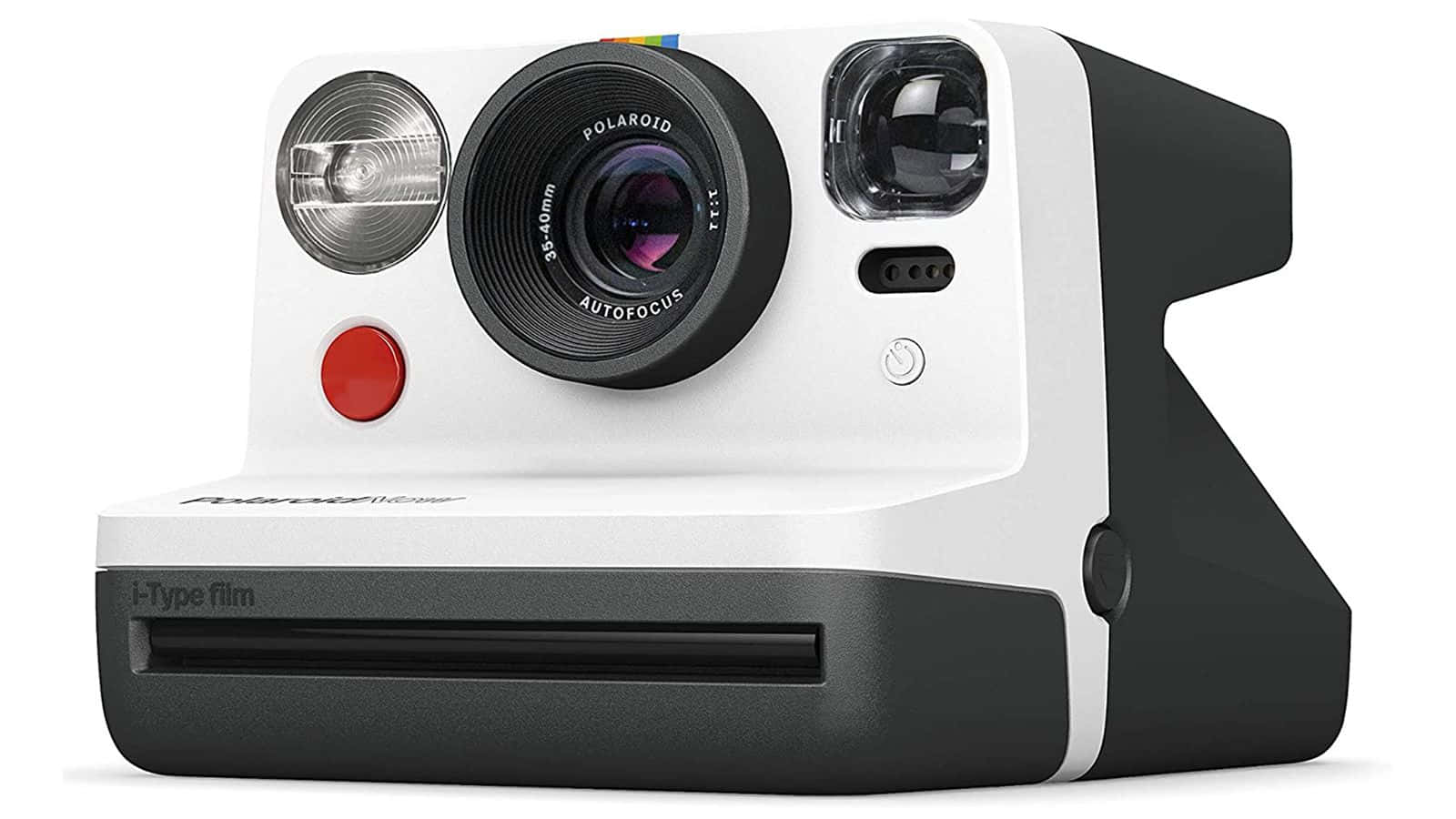 一部白色和黑色的Polaroid即影即有相機，帶有紅色快門按鈕。
