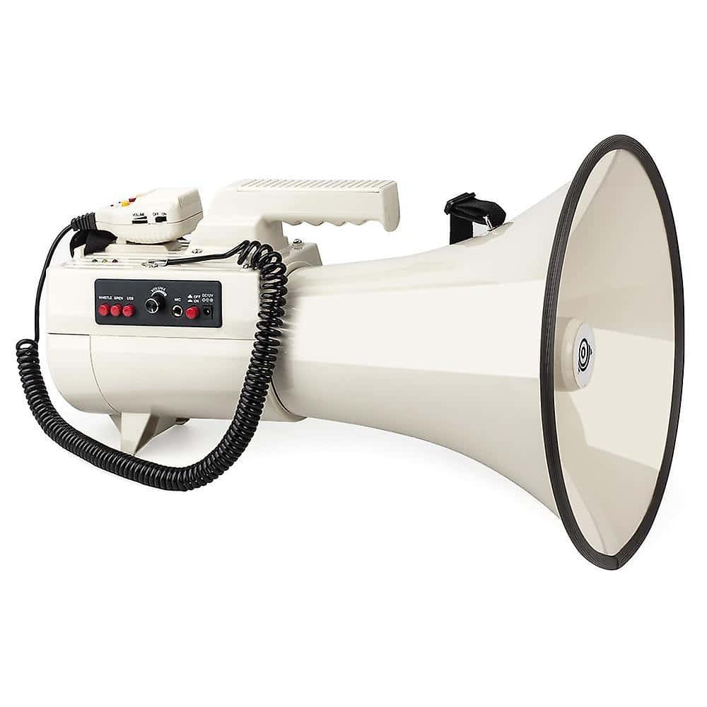 白色擴音器圖像 壁紙 — 一個奶油色的擴音器，帶有黑色邊框和控制面板，背景為純白色。
