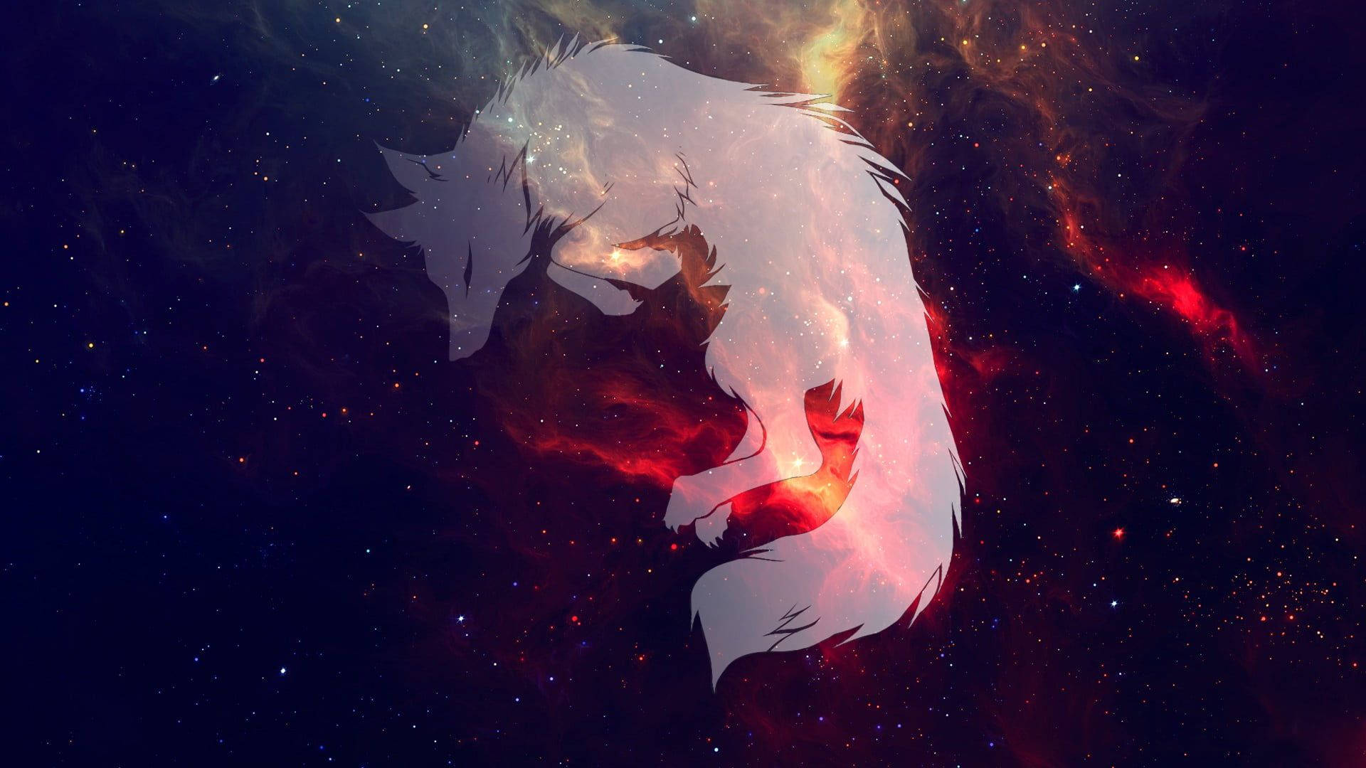 宇宙星雲在繁星夜空形成的狼剪影 — 銀河狼 壁紙