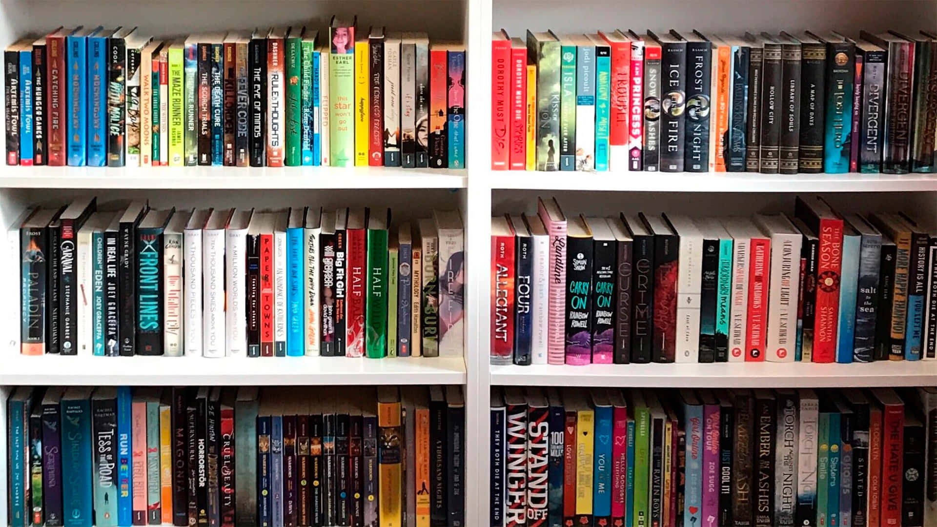 Shelf 桌布 壁紙 — 白色書架上整齊排列著色彩繽紛的奇幻和科幻小說。