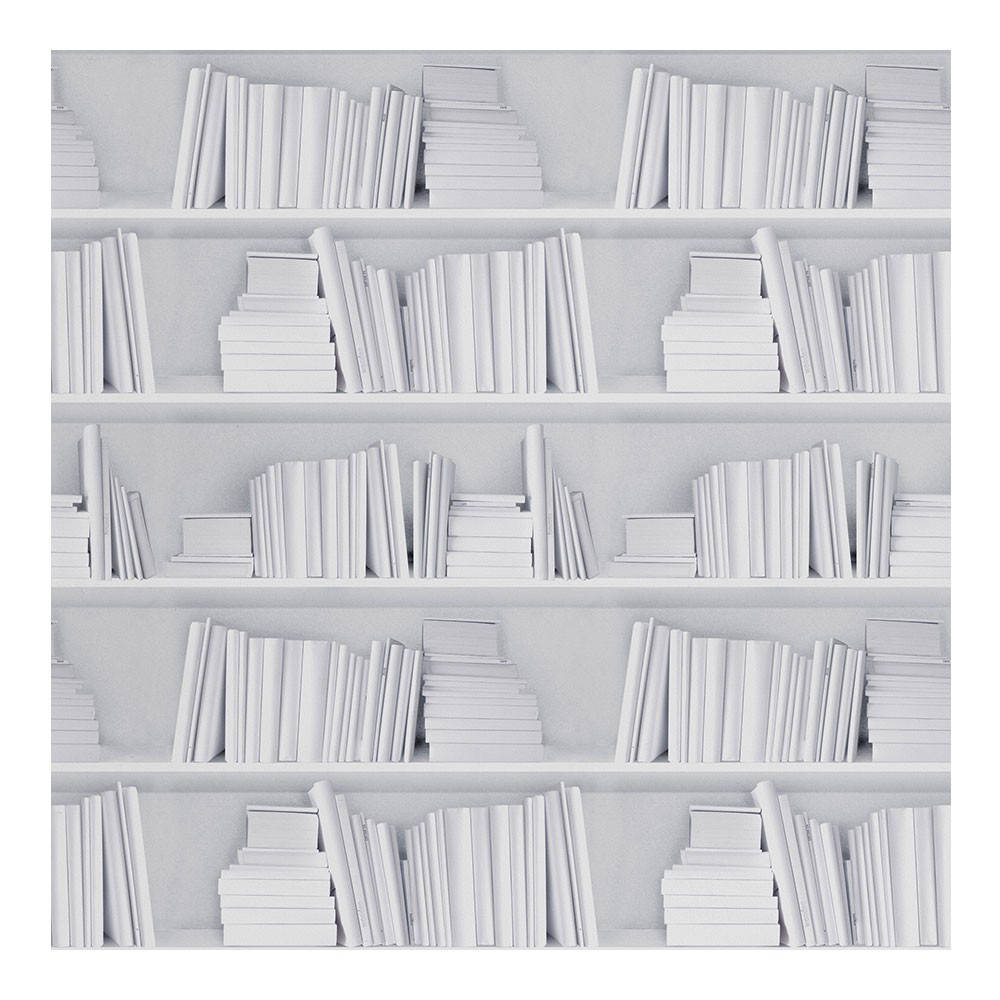 白色書籍書架 壁紙 — 簡約白色書架上放滿統一白色的書籍，營造出寧靜的單色圖書館牆壁。