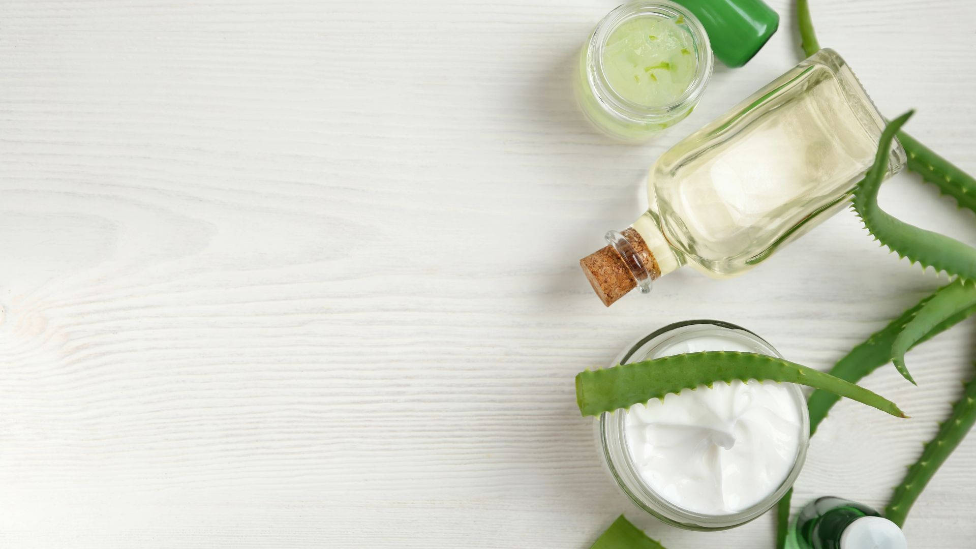 白色桌面上的蘆薈乳霜 壁紙 — 新鮮蘆薈凝膠乳霜和植物擺放在乾淨的白色木質表面上，用於天然護膚。