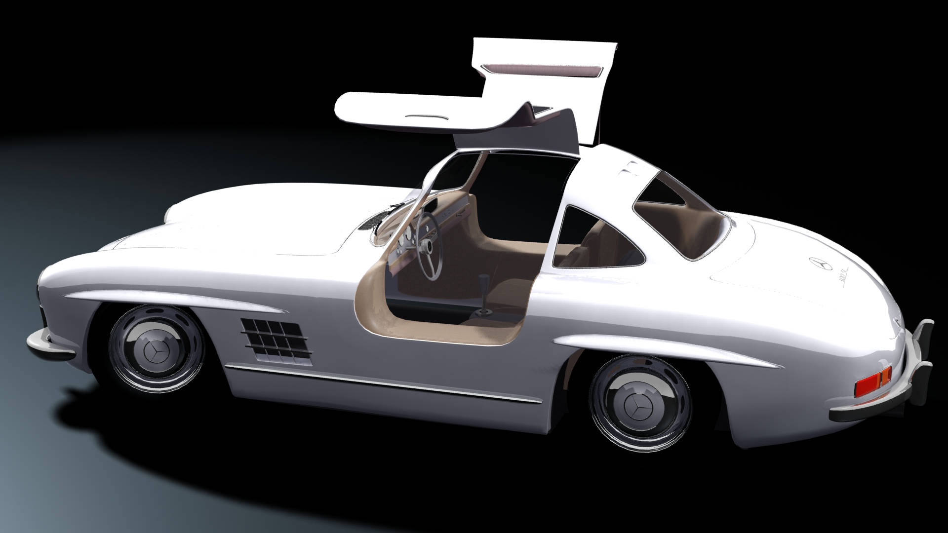 白色復古平治300SL鷗翼車，車門打開，在工作室燈光下。