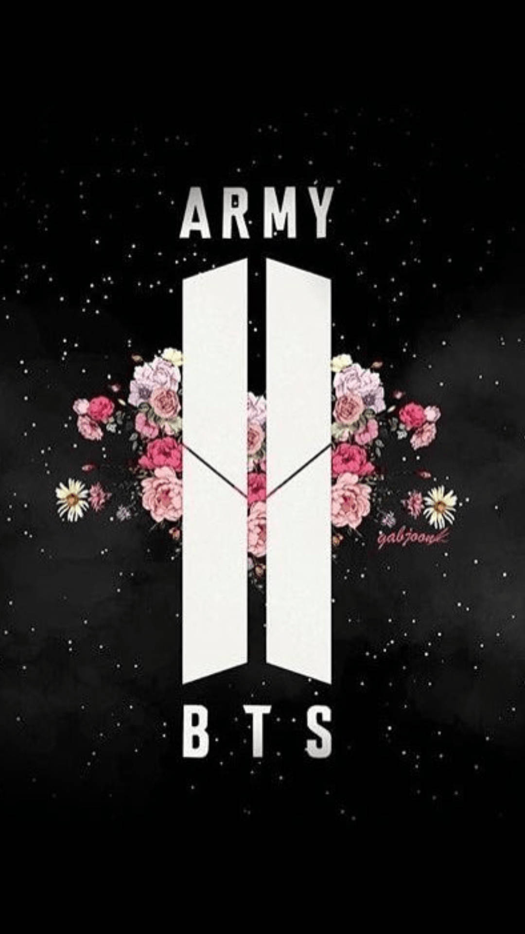 BTS標誌，帶有粉紅色花朵，背景為星空黑色，標有ARMY和BTS