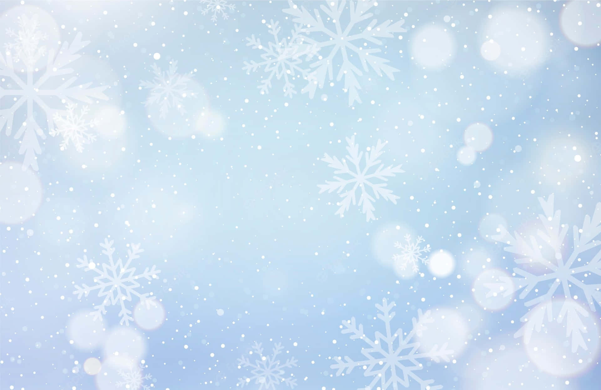 雪花在柔和的藍色冬日場景中飄落，伴隨著發光的燈光。