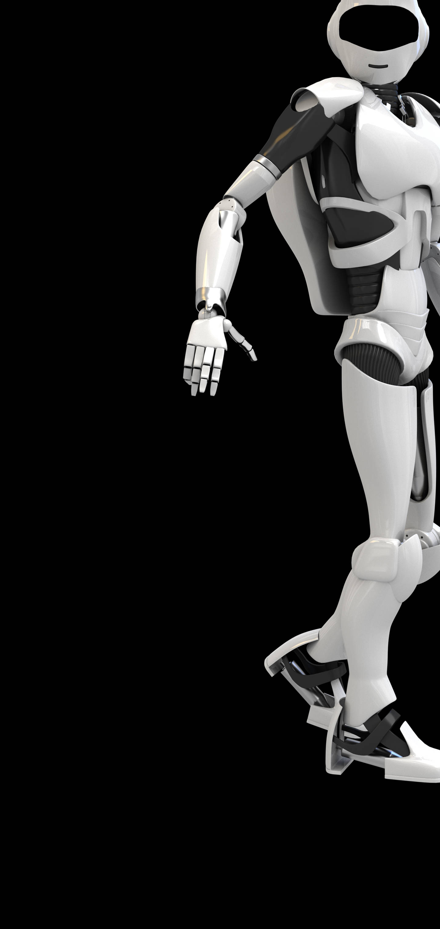 白色機器人 S10+ 壁紙 — 一個時尚的白色和黑色人形機械人側面站立在純黑色背景前。