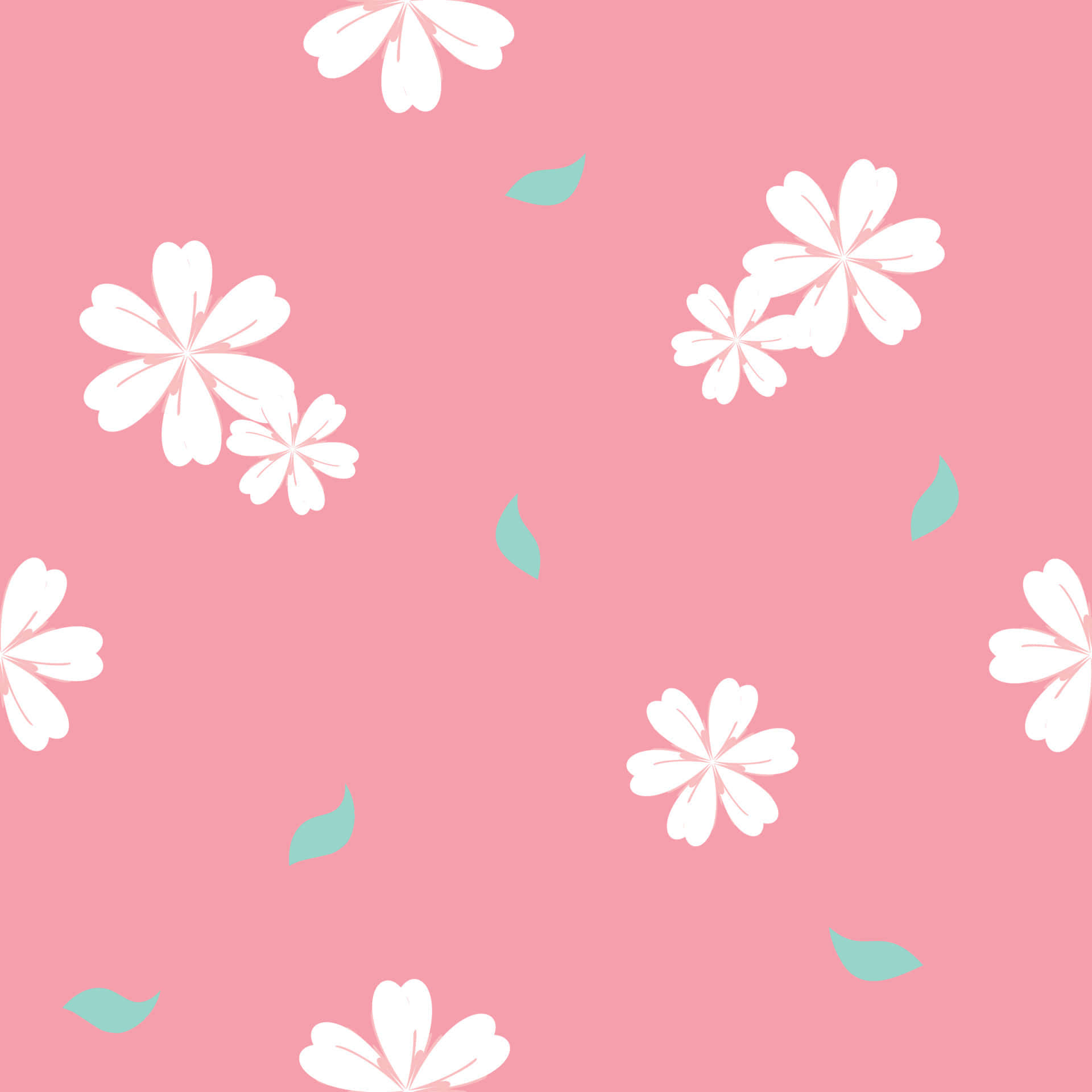 Cute Flower 桌布 壁紙 — 白色櫻花和薄荷葉在柔和的粉紅色背景上以極簡圖案輕輕飄浮。