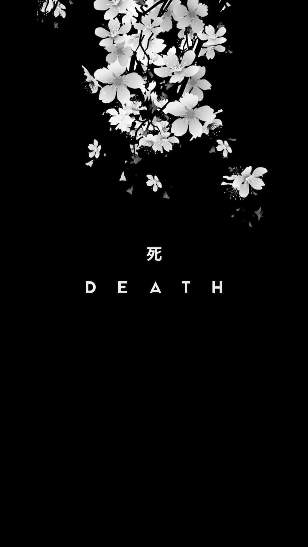 深色手機 桌布 壁紙 — 白色櫻花在黑色背景上飄動，並以粗體白色字體寫著「死亡」一詞。