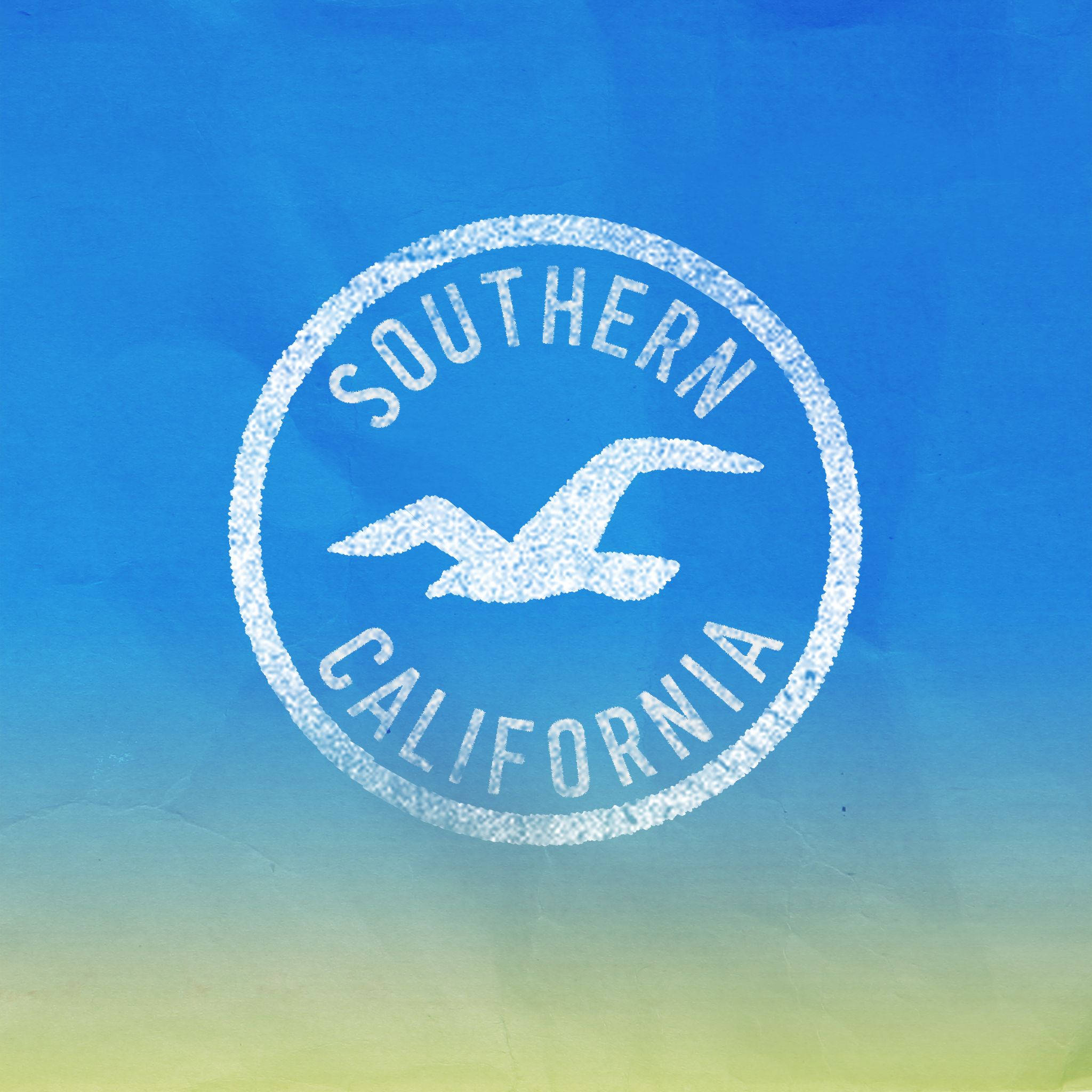 白色海鷗標誌Hollister 壁紙 — 一個白色紋理圓形印章，上有海鷗和Southern California文字，背景為藍到綠色漸變。