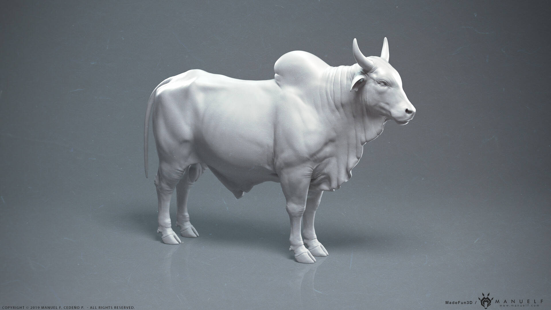 白色澤布牛3D 壁紙 — 一個詳細的白色3D渲染公牛雕像側面站立在灰色中性工作室背景前。