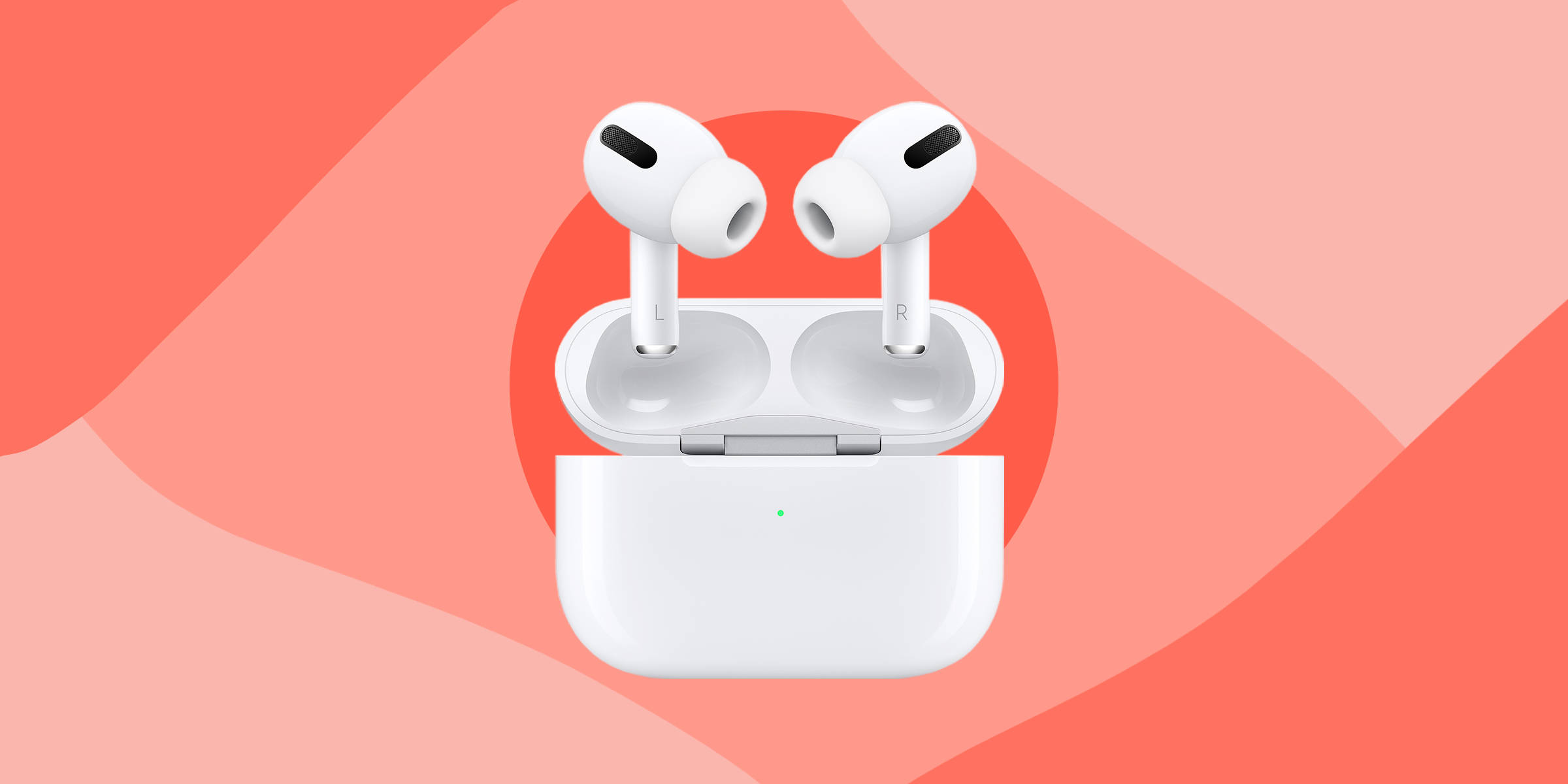 Apple AirPods Pro 壁紙 — 白色無線耳機打開放在充電盒中，背景為柔和珊瑚漸變色。