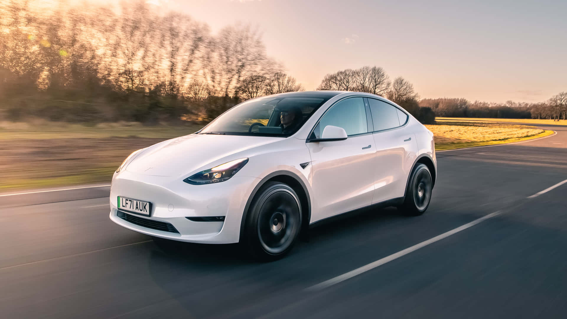 白色Tesla Model Y在黃金時段行駛在風景優美的道路上。