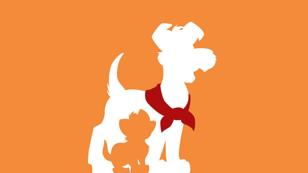 oliver and company 桌布 壁紙 — 白色狗剪影，戴紅色蝴蝶結，細小貓剪影，純橙色背景。