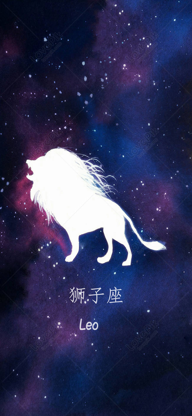 在星空紫藍色空間中的白色獅子星座剪影，帶有中文和英文文字。