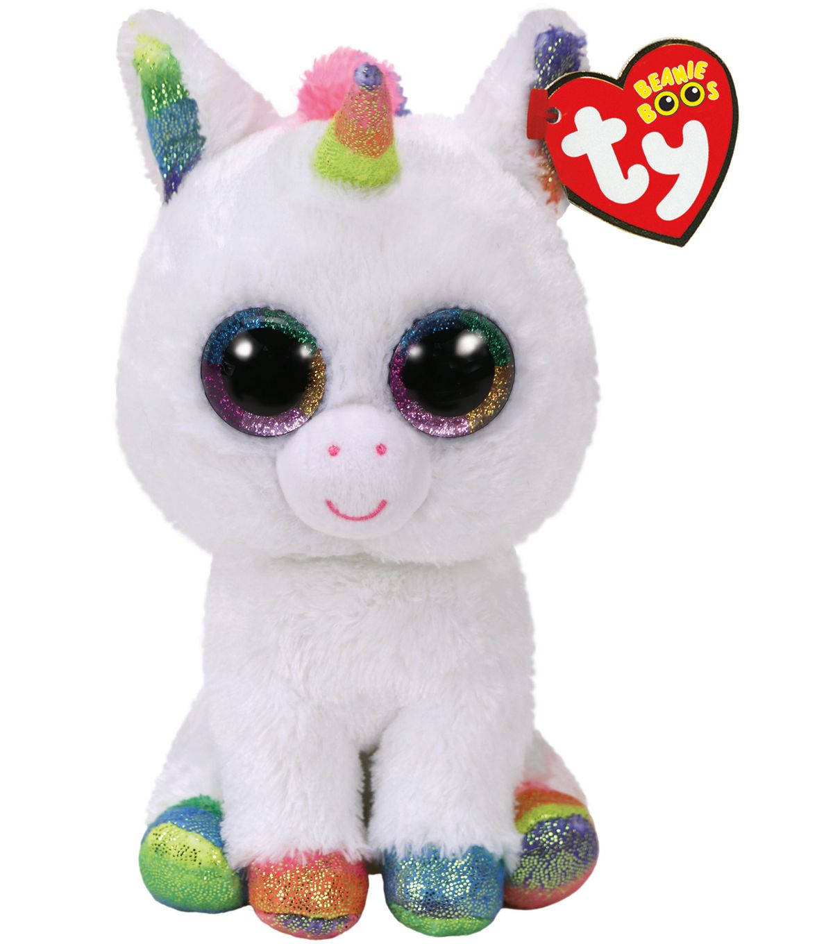白色獨角獸Beanie Boos 壁紙 — 一隻毛茸茸的白色 Beanie Boo 獨角獸毛絨玩具，帶有閃閃發光的彩虹角和蹄，以及閃爍的彩虹眼睛，坐在純白色背景前。