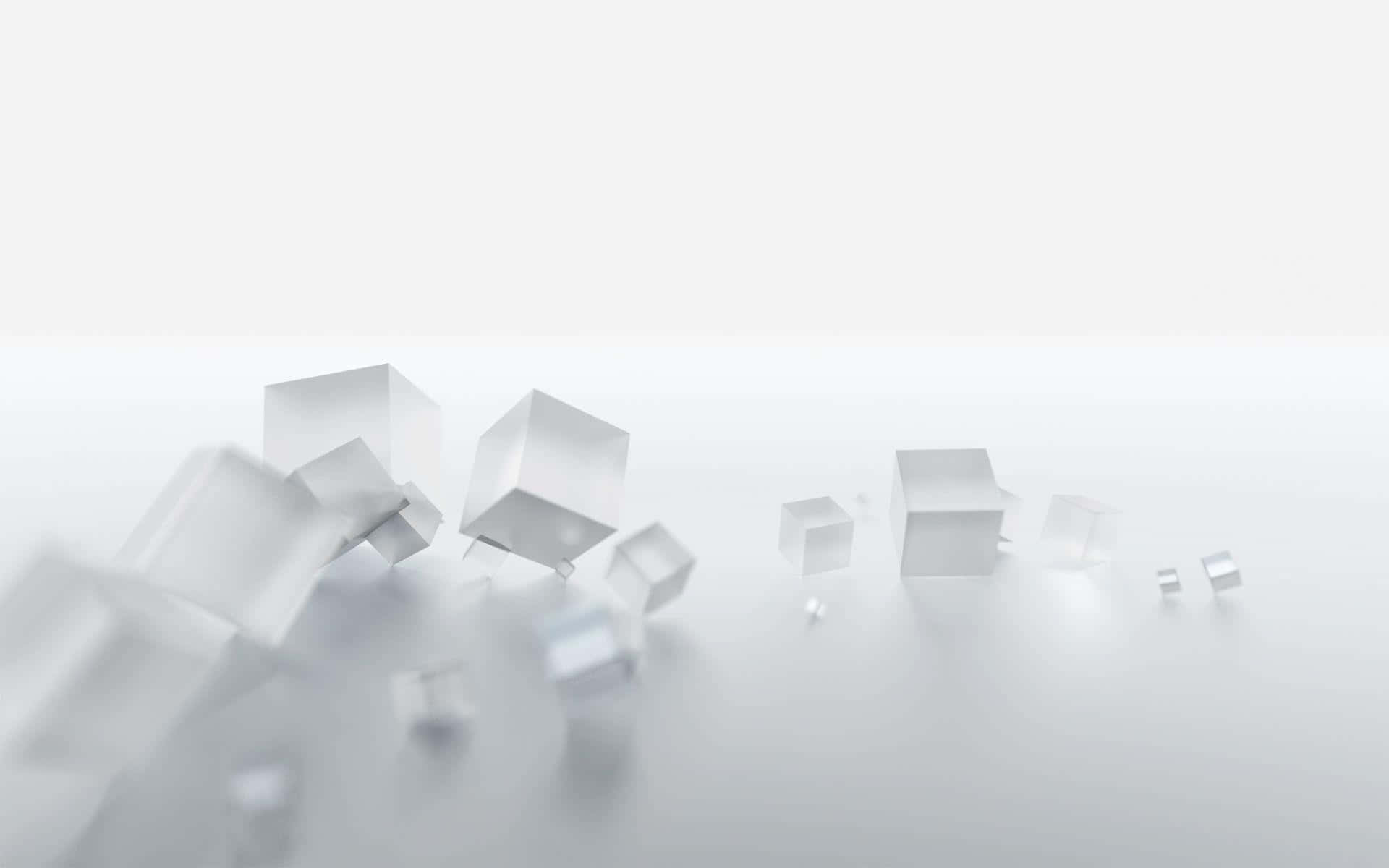 極簡白色空間中漂浮的半透明立方體與柔和陰影。