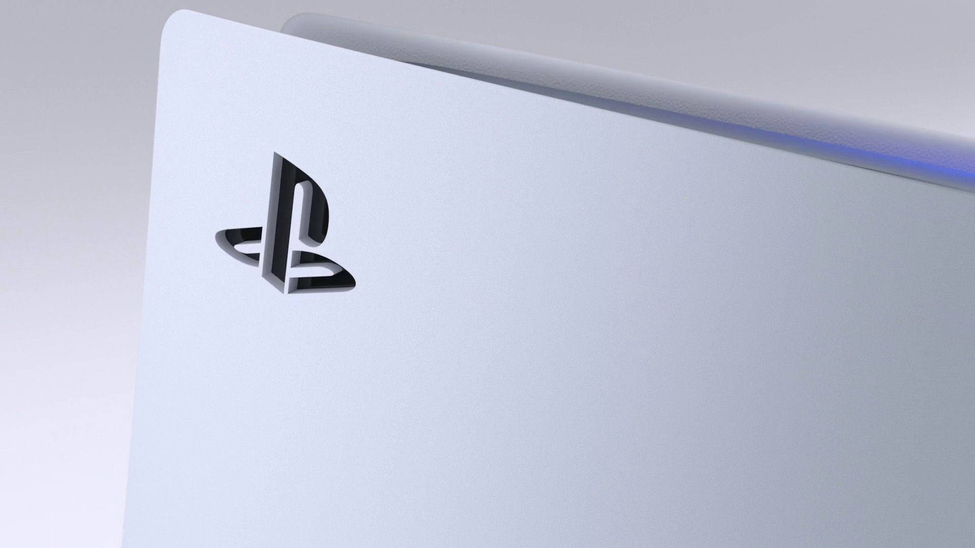 白色發光PS5主機 壁紙 — 白色PlayStation主機特寫，邊緣帶有發光藍光。