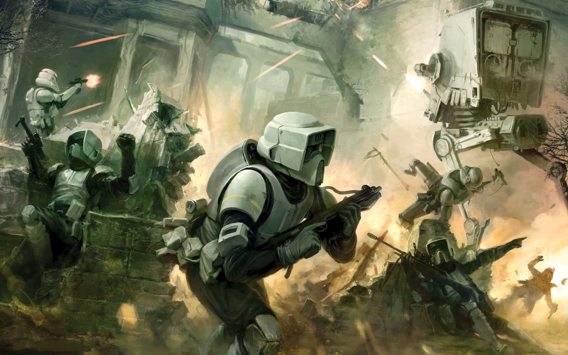 Imperial Army 桌布 壁紙 — 白色盔甲的複製人在崩塌的廢墟中與戰鬥機器人作戰，爆炸和碎片在混亂的戰爭場景中飛舞。
