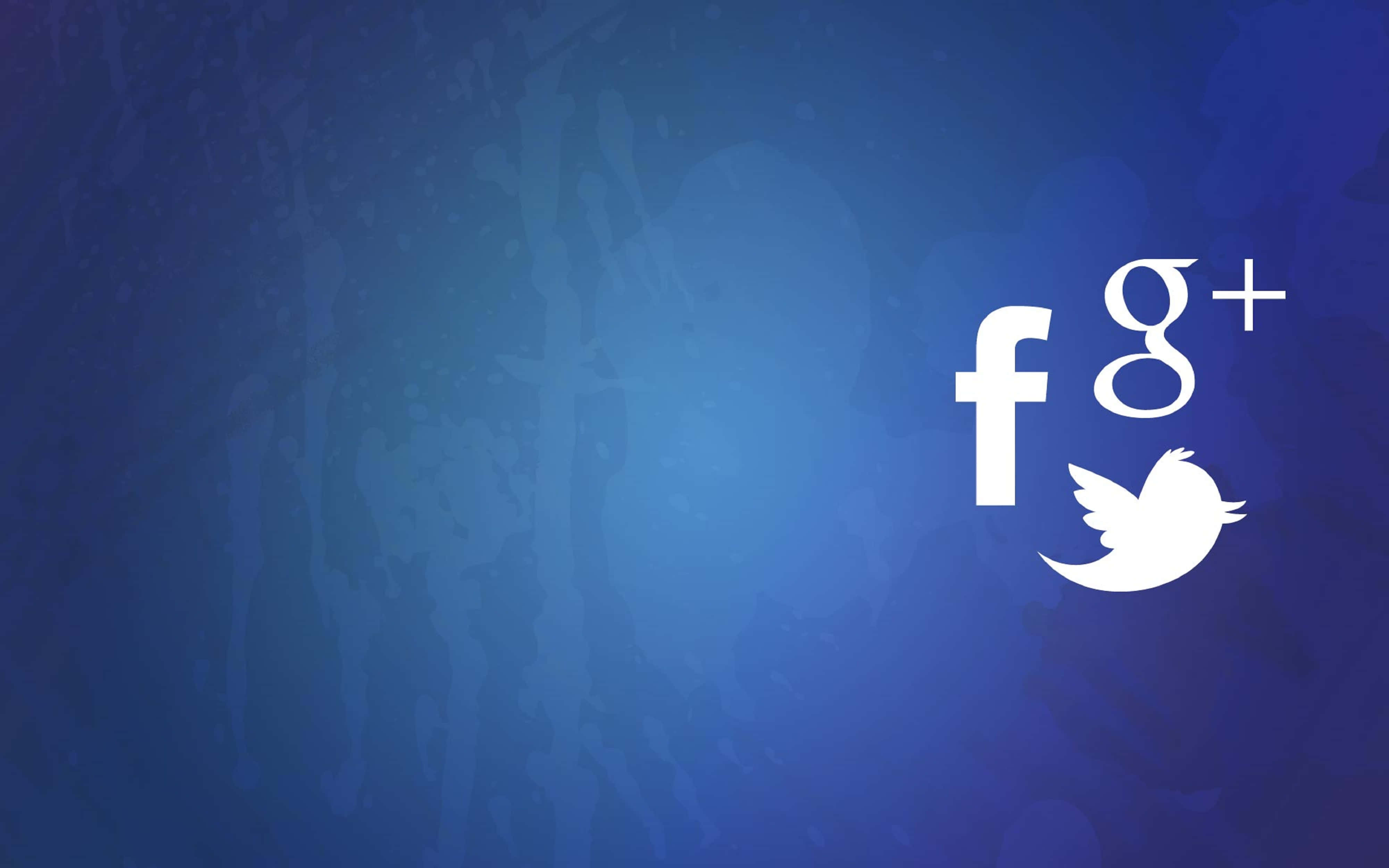 4K Social Media 桌布 壁紙 — 白色社交媒體圖示漂浮在帶有紋理的藍色漸變背景上。
