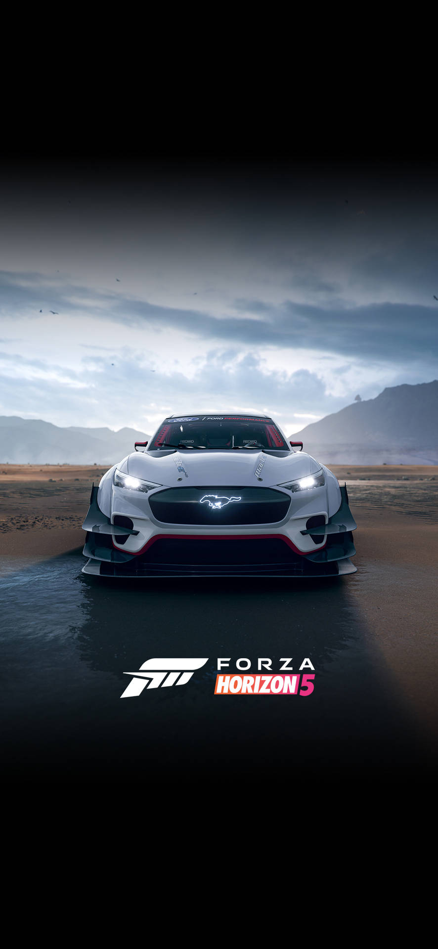 白色福特野馬GT350R賽車在濕漉漉的沙漠公路上，背景是暴風雨天空和山脈