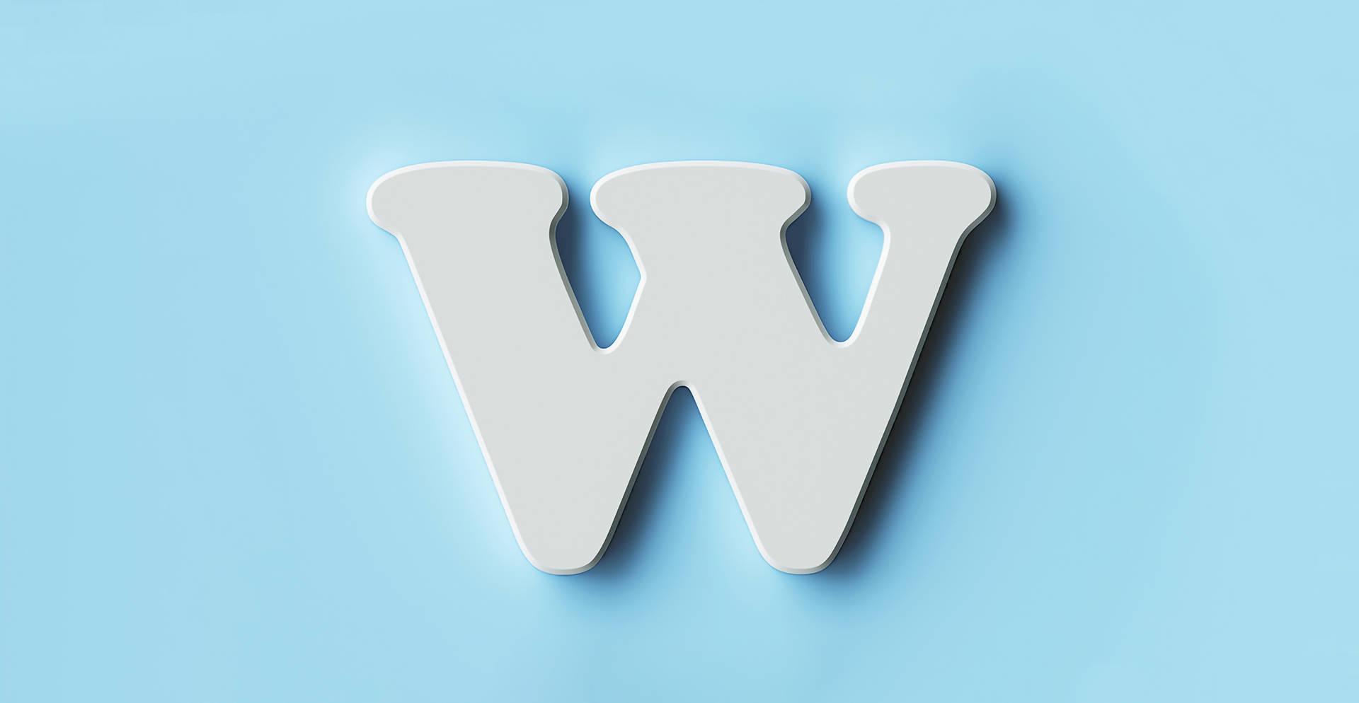 一個白色3D字母W在淺藍色背景上帶有柔和陰影。
