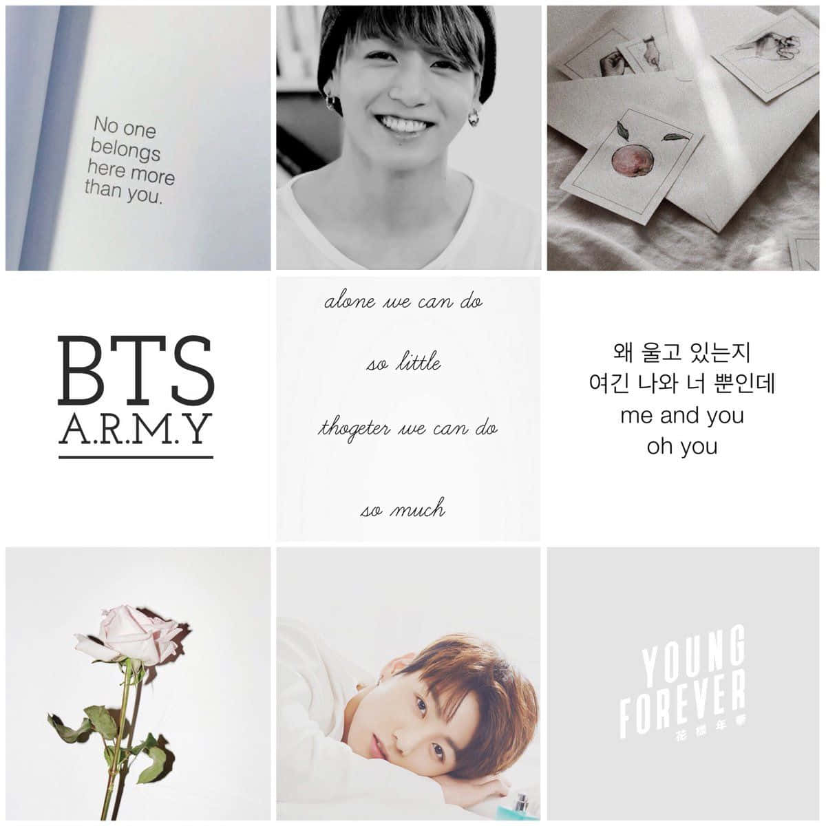 白色系Jungkook拼貼畫 壁紙 — 以BTS為主題的拼貼畫，包括微笑的成員、文字引用和一朵枯萎的玫瑰，背景簡約。