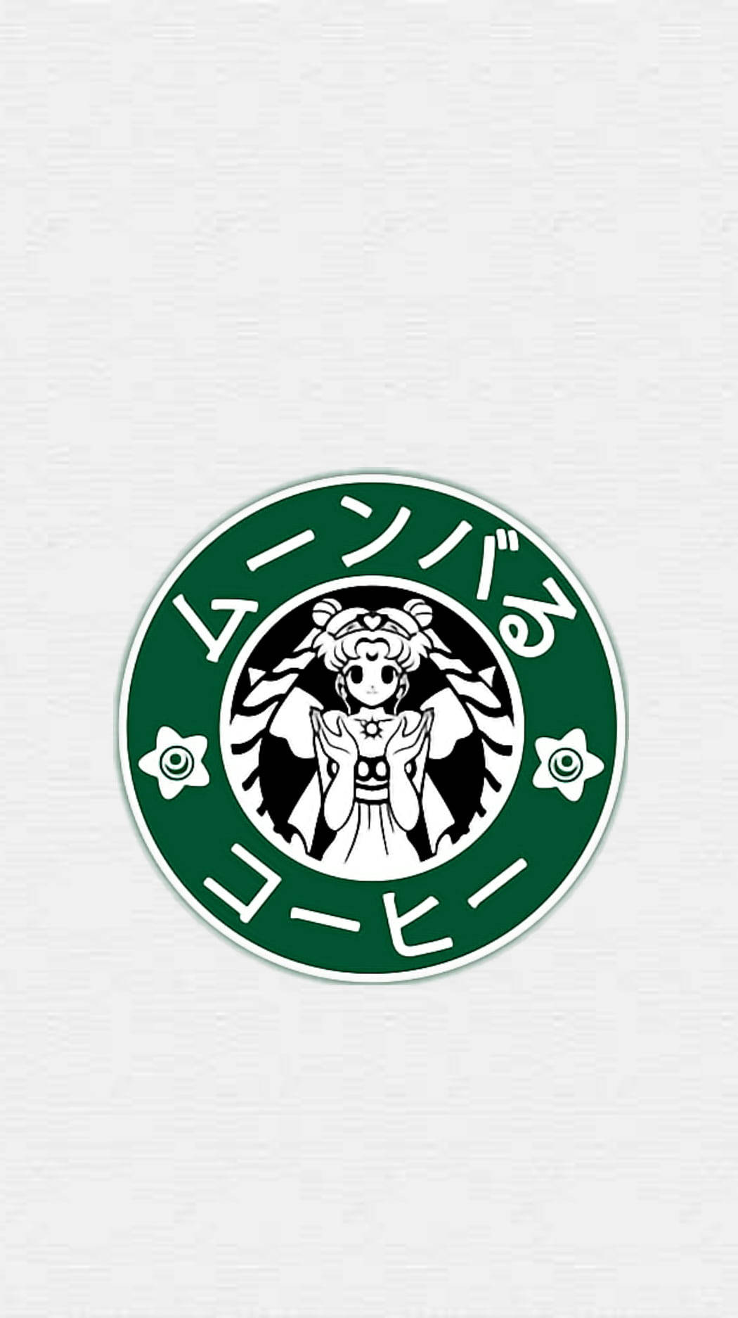 美少女戰士 桌布 壁紙 — 白色紋理背景上有一個綠色圓形標誌，以穿著水手服的卡通女孩取代了原本的星巴克美人魚。