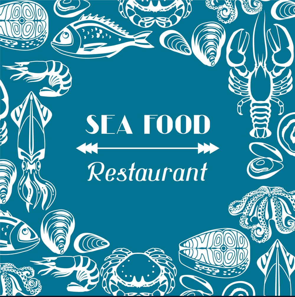 Seafood 桌布 壁紙 — 白色線條海鮮圖示圍繞著一個青綠色背景，上面有 'SEA FOOD Restaurant' 文字。