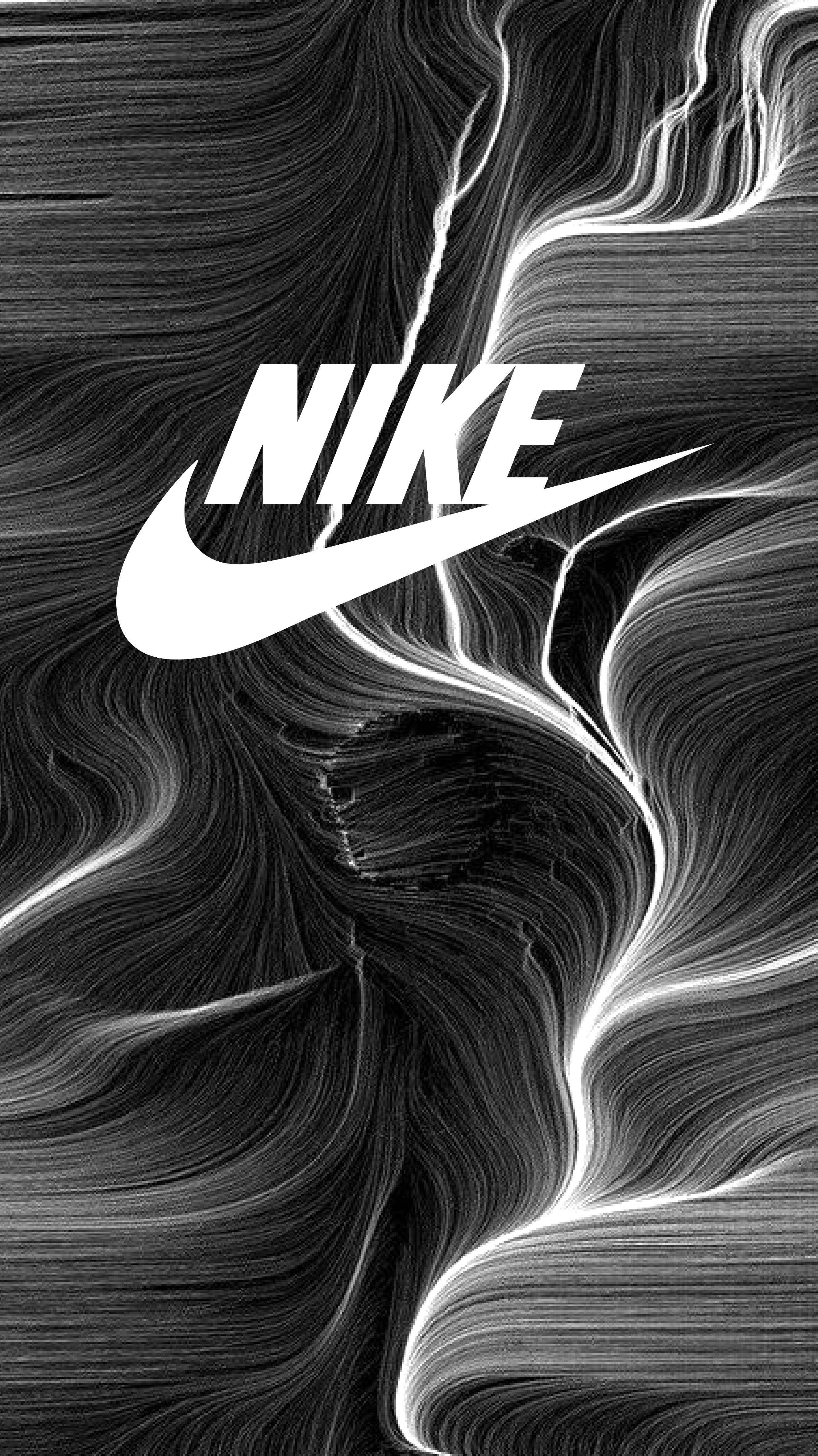 白色線條耐克 iPhone 標誌 壁紙 — 大膽的白色Nike標誌居中在動態的黑白抽象漩渦背景上。