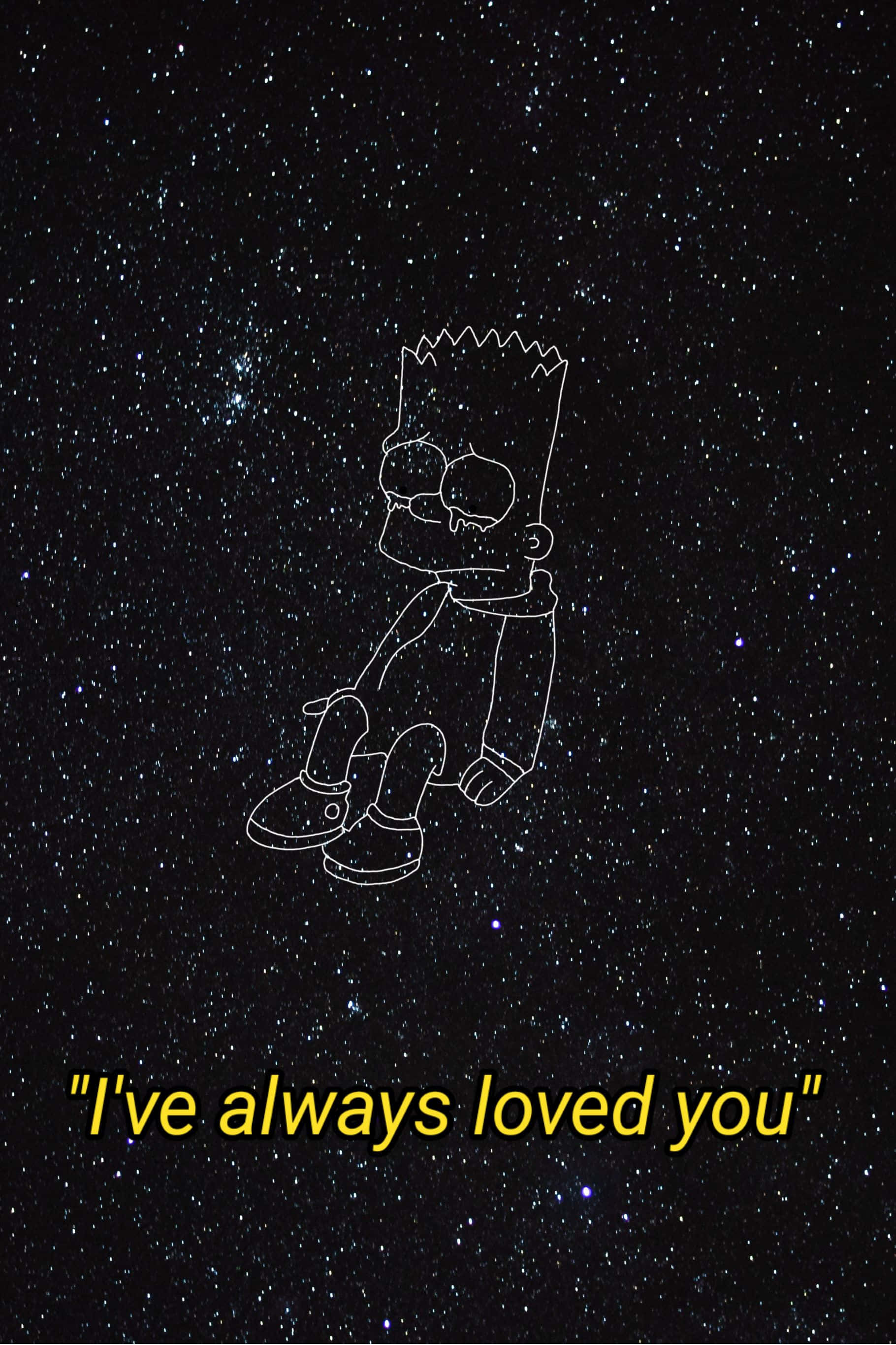 sadness 桌布 壁紙 — 白色線條藝術的巴特·辛普森在星空夜空中平靜地漂浮，下方有黃色引文。