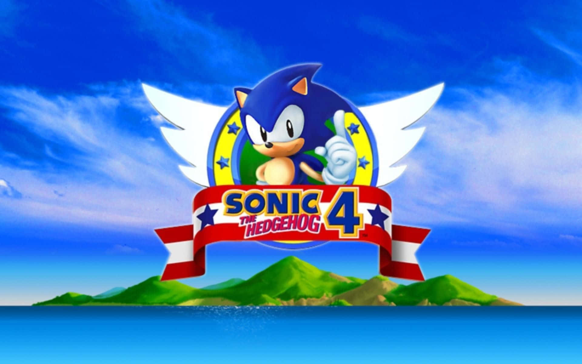 Sonic City Escape 桌布 壁紙 — 白色翅膀的索尼克豎起大拇指，位於紅色橫幅上方，橫幅上寫著 Sonic the Hedgehog 4，背景是藍天和綠色島嶼。
