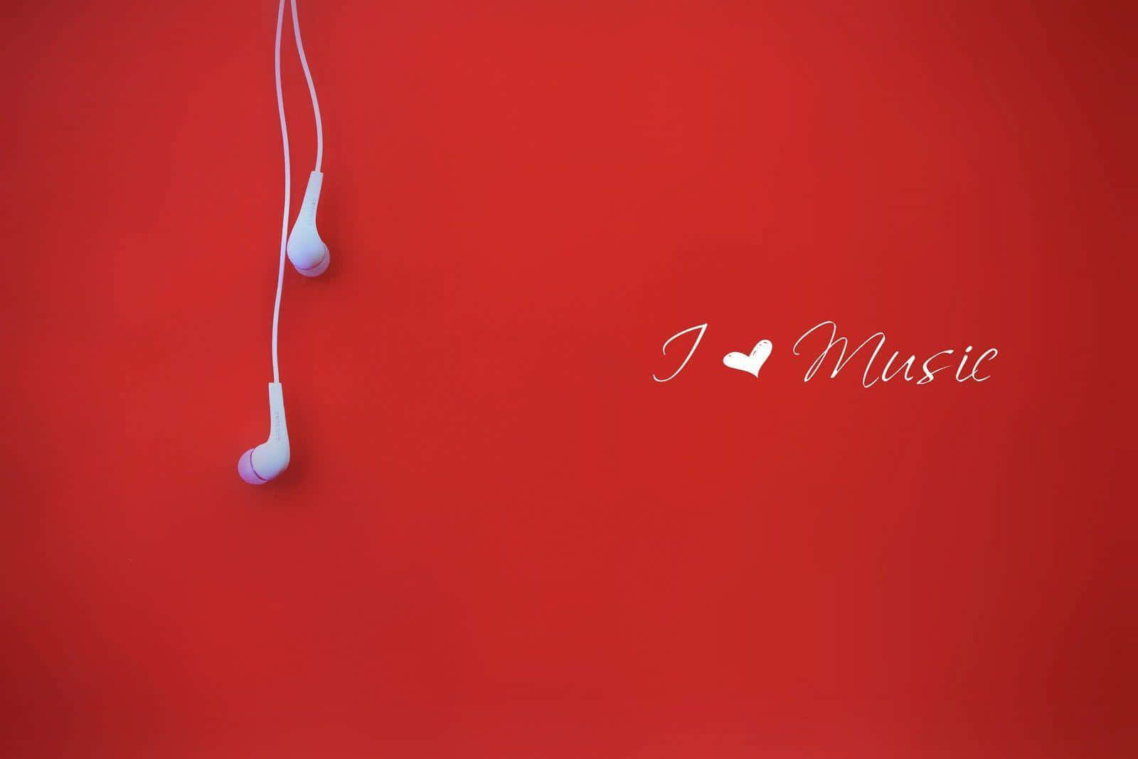 Cute Music 桌布 壁紙 — 白色耳機掛在鮮豔的紅色背景上，並以白色草書寫著「I ♥ Music」。