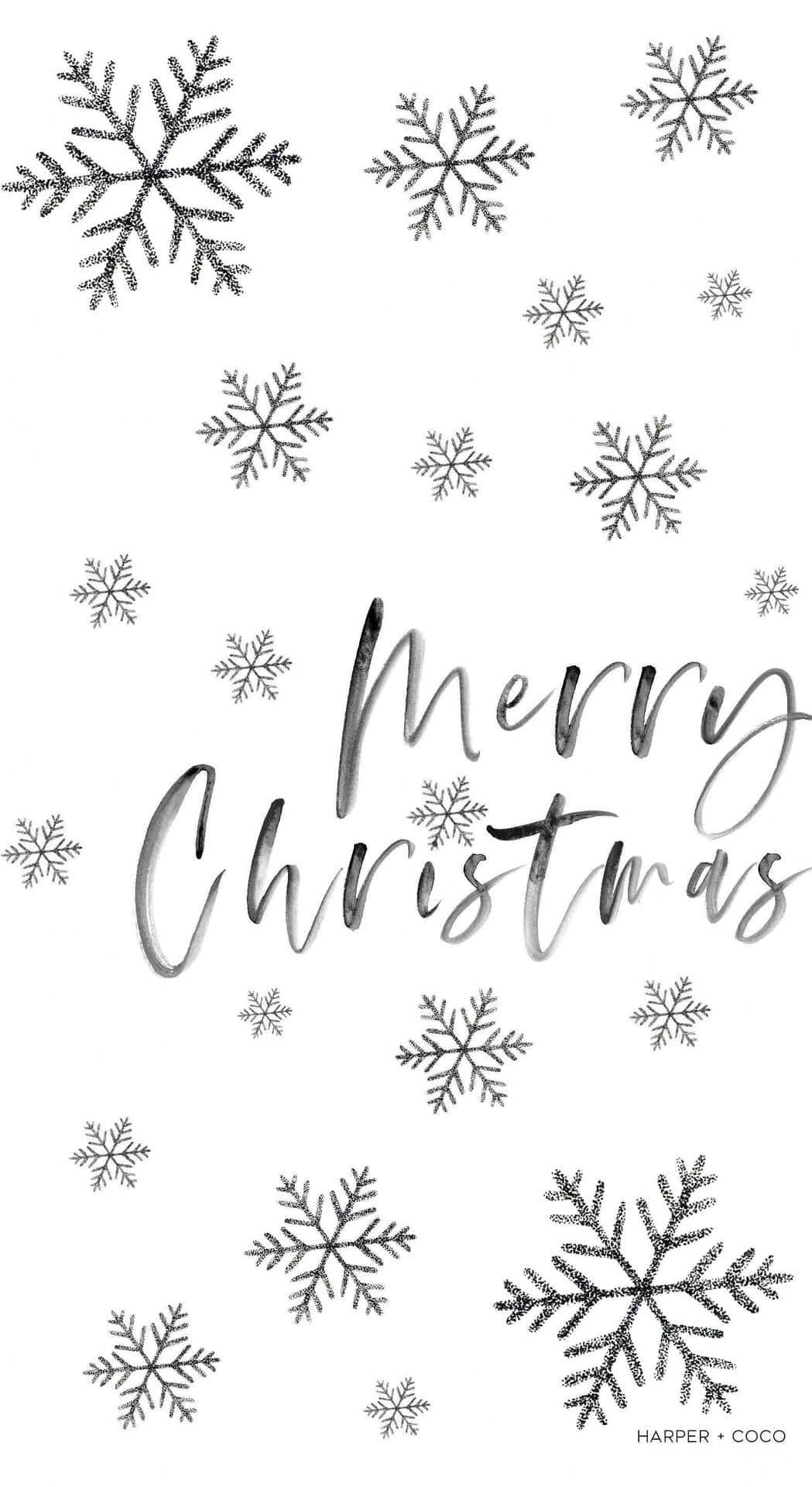 白色背景上銀色字體Merry Christmas，周圍環繞雪花。