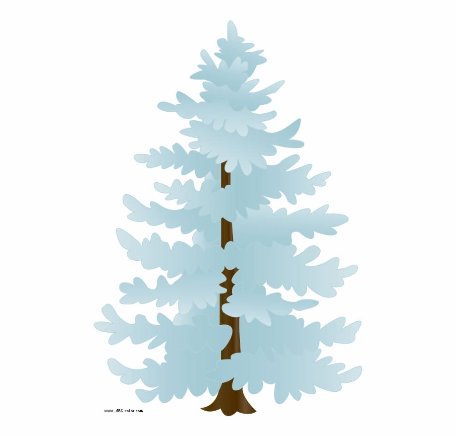 一棵風格化的藍色常綠樹，帶有棕色樹幹和積雪的樹枝。