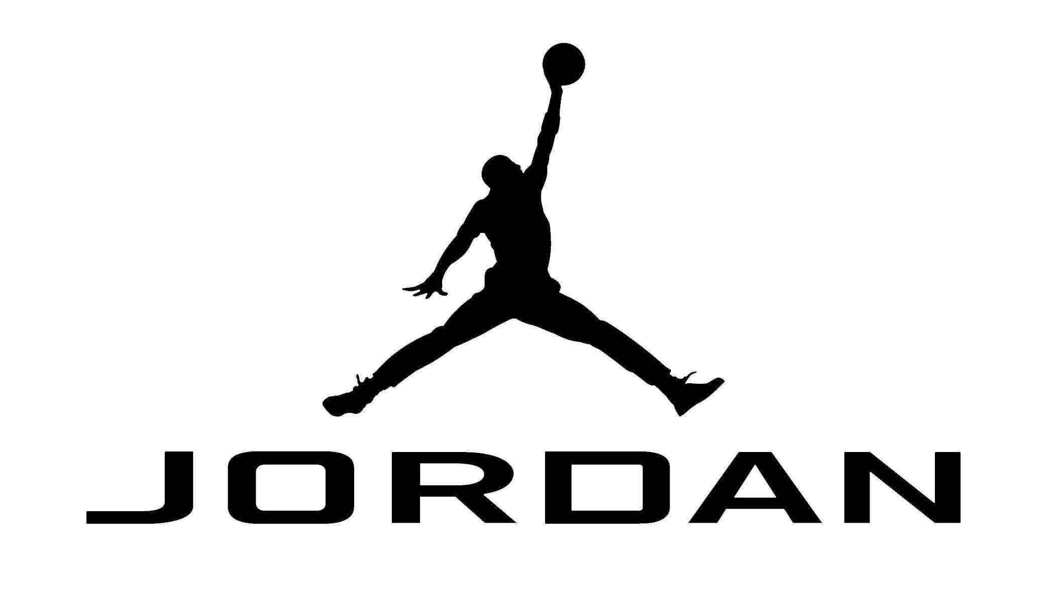 白色背景Air Jordan 壁紙 — 白色背景上，一個籃球運動員在空中扣籃，位於JORDAN字樣上方的黑色剪影。