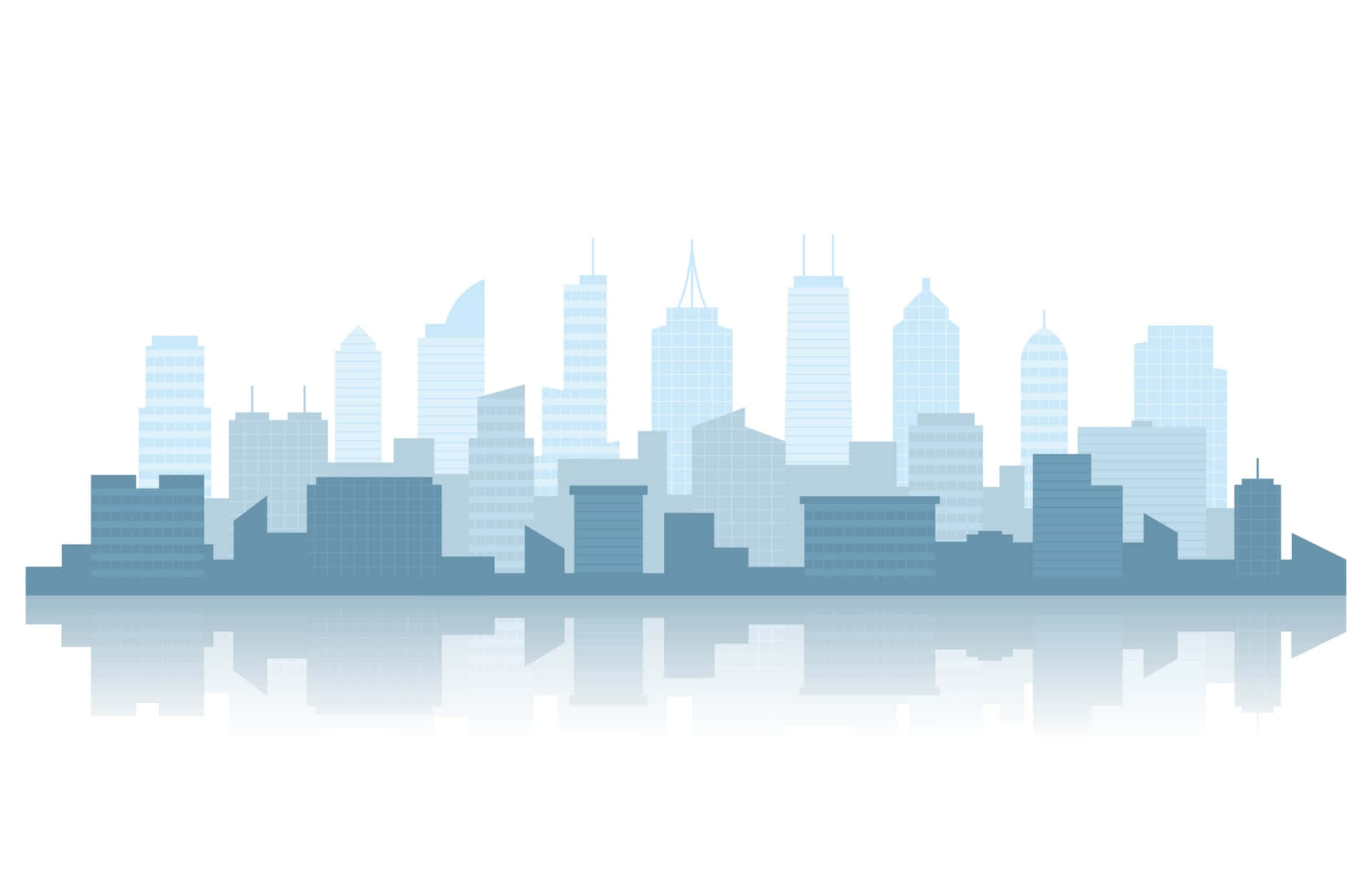 Cityscape 桌布 壁紙 — 白色背景上，一個極簡藍色城市天際線，下方有反射水面。