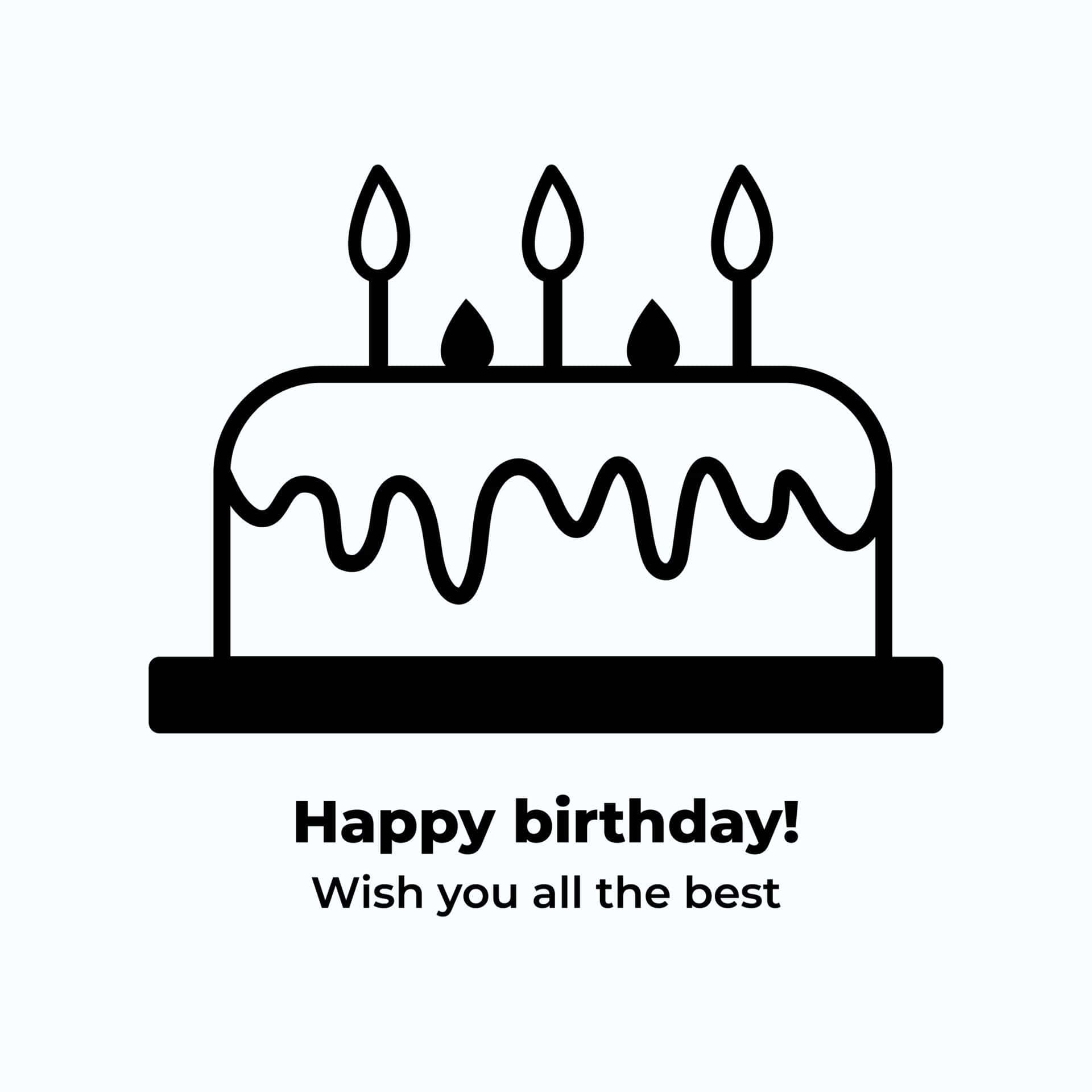 Birthday Wishes 桌布 壁紙 — 白色背景上，一個極簡黑色線條繪製的生日蛋糕，有三根蠟燭和滴落的糖霜。