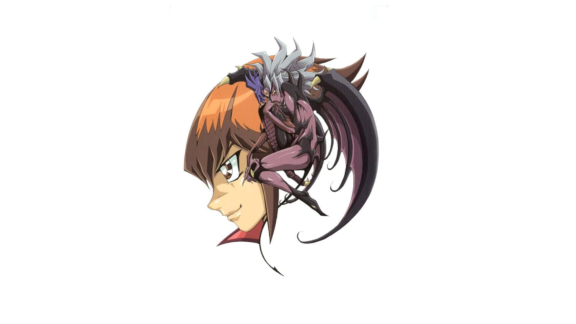 Jaden Yuki 桌布 壁紙 — 白色背景上，一個橙色頭髮的動漫角色，肩上有一隻紫色惡魔生物。