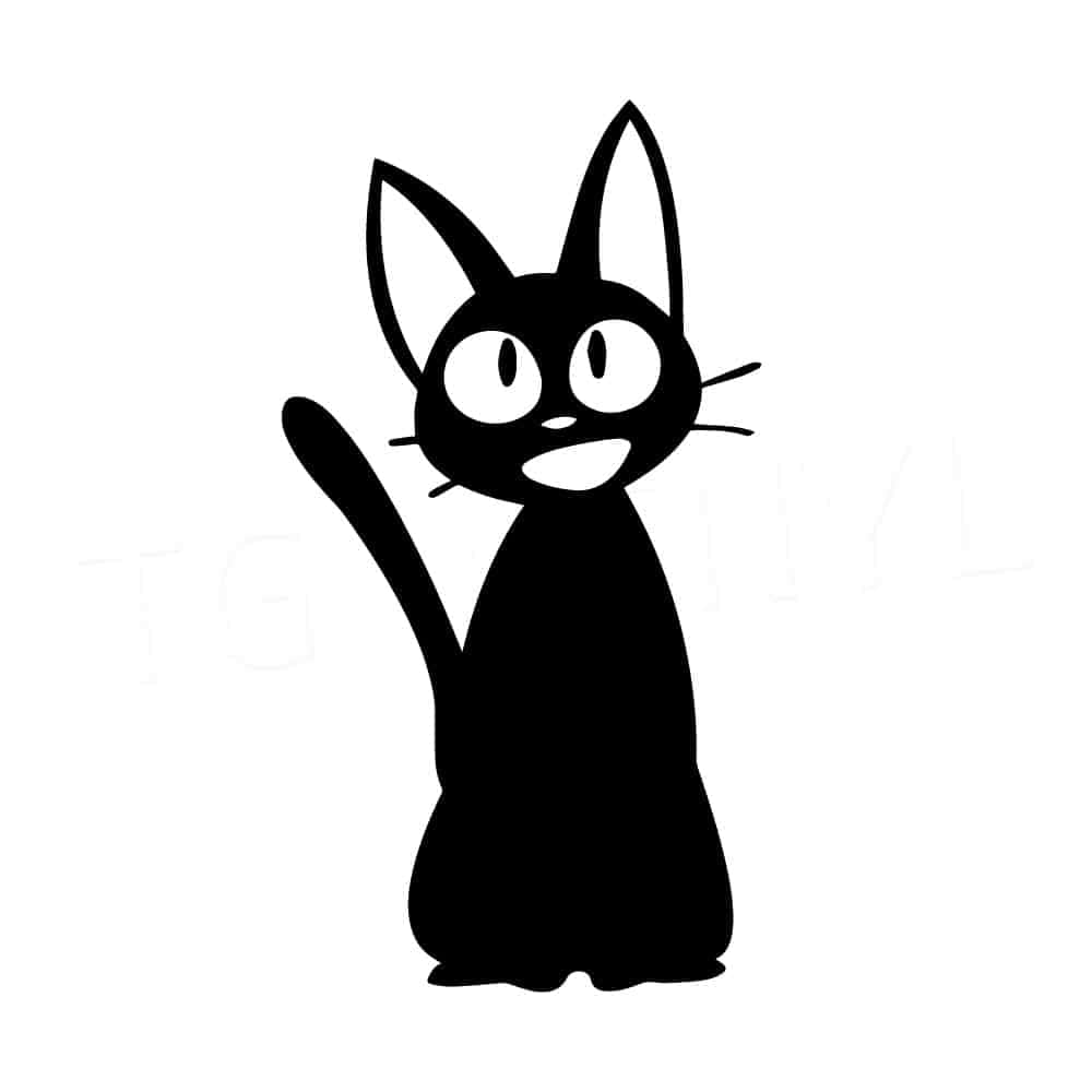 Jiji Cat 桌布 壁紙 — 白色背景上，一隻卡通貓咪的極簡黑色剪影，有大眼睛和翹起的尾巴。