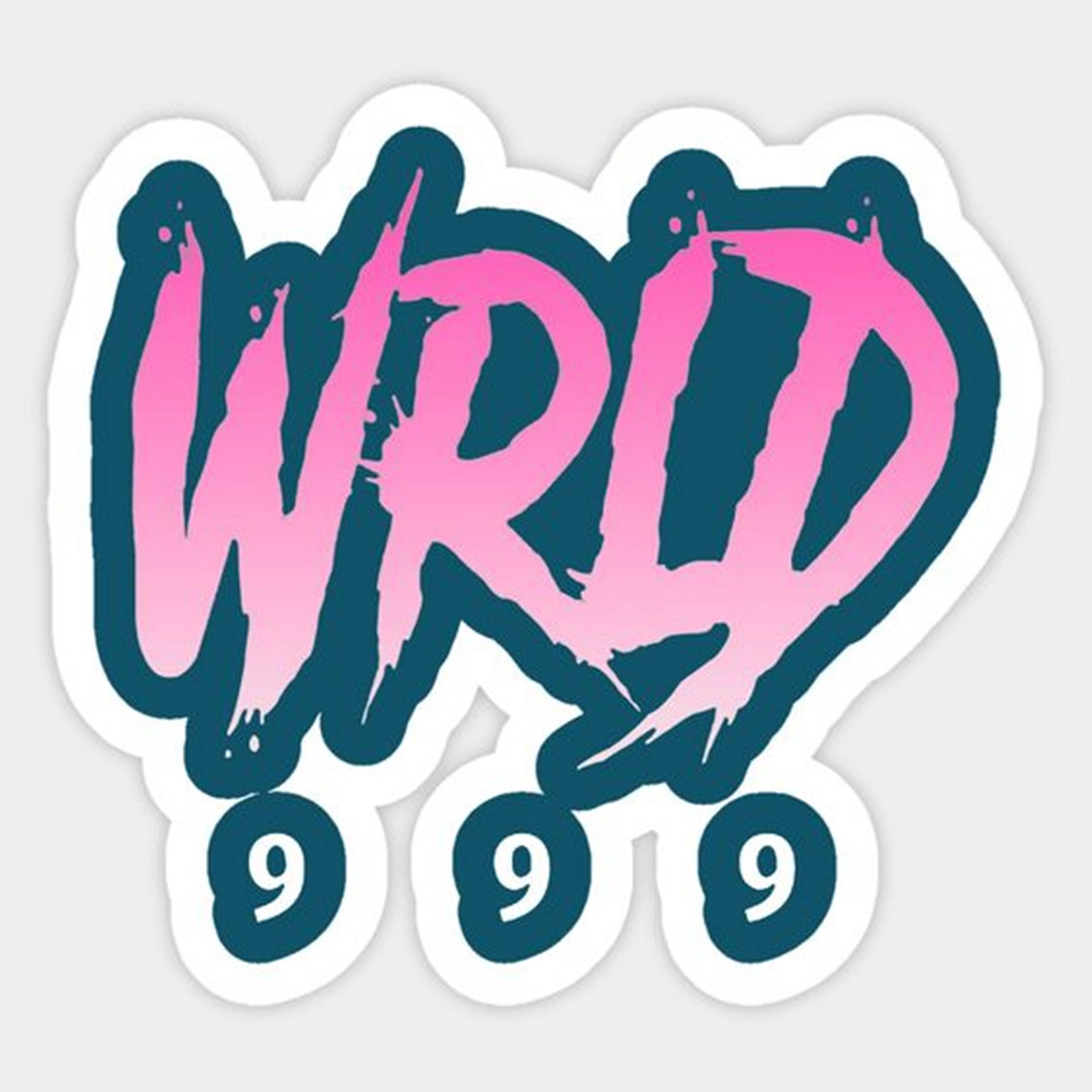Logo 桌布 壁紙 — 白色背景上，帶有粉紅色和藍綠色的「WRLD」以及下方三個「9」的大膽塗鴉風格貼紙。