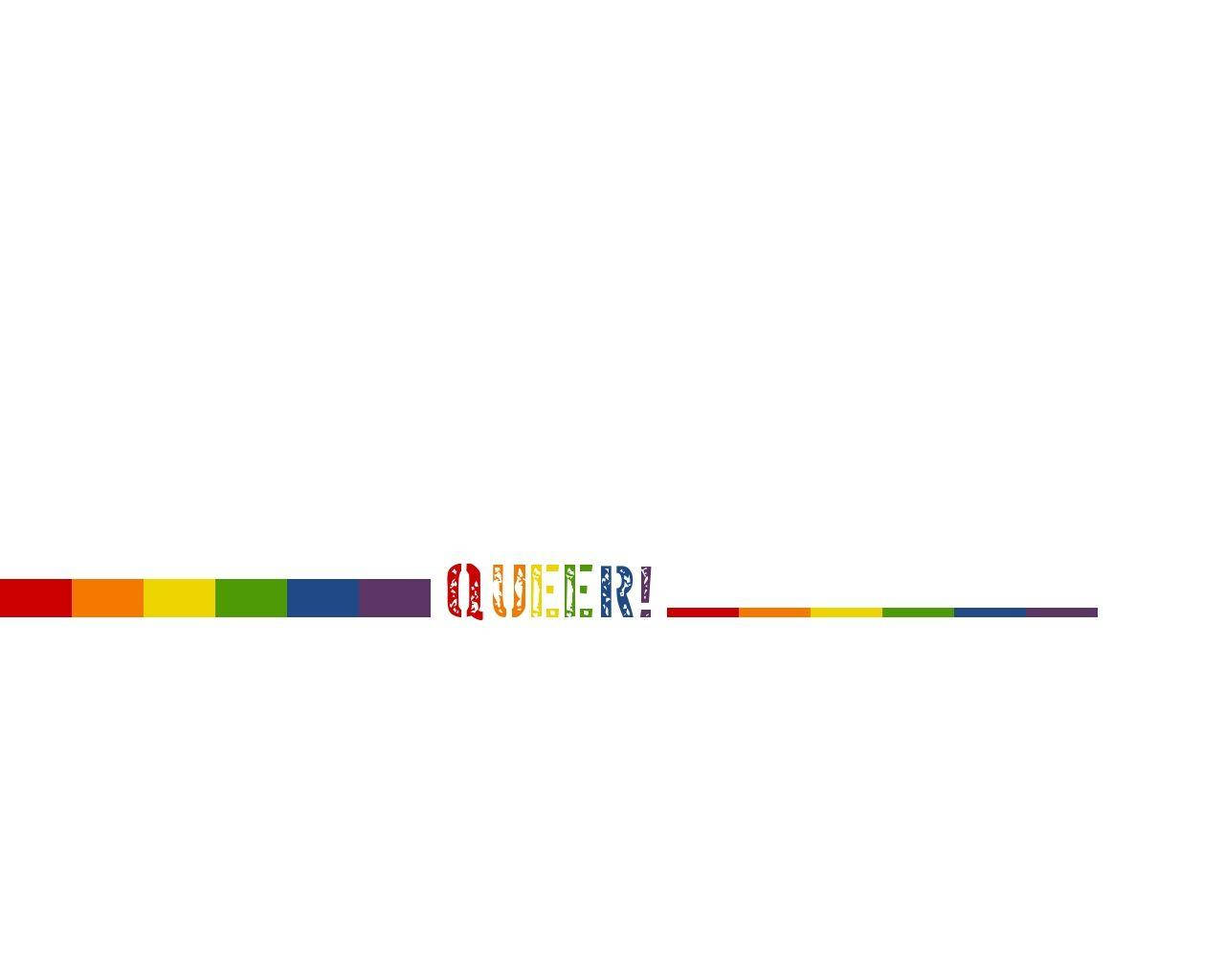 彩虹 桌布 壁紙 — 白色背景上，彩虹色字母拼寫的「queer」一詞，兩側有彩虹色條紋。